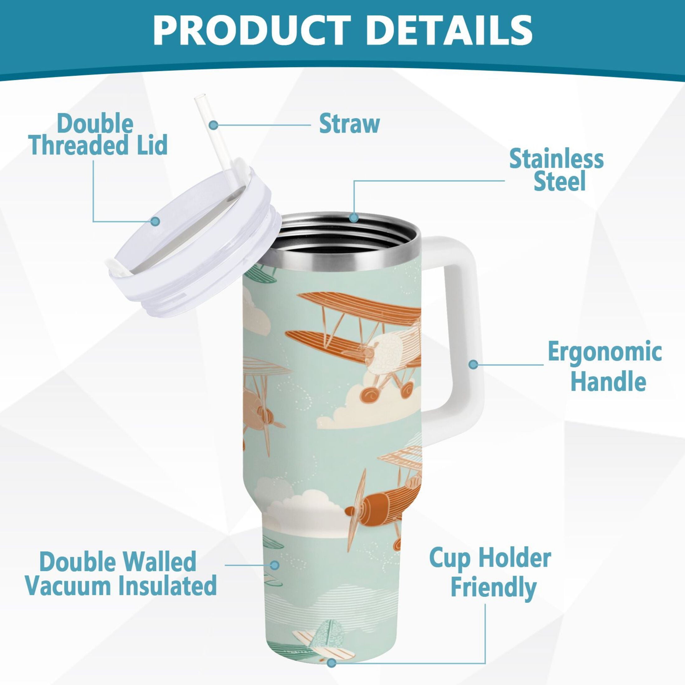 40 oz Insulated Stainless Steel Tumbler Double Wall Stainless Steel Tumbler with 2-Way Drinking Cute Airplanes - DWR7