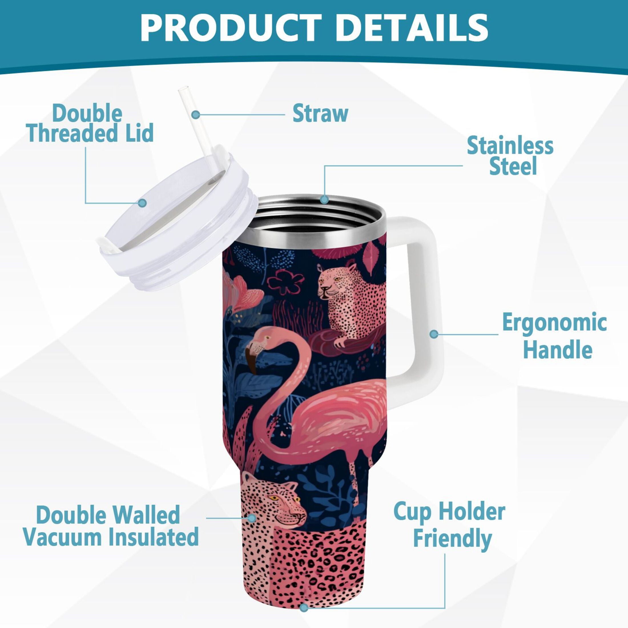 30 oz Insulated Stainless Steel Tumbler Double Wall Stainless Steel Tumbler with 2-Way Drinking Flamingos and Leopard Print - 41BW