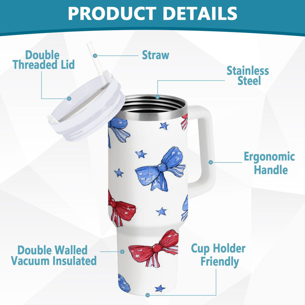 40 oz Insulated Stainless Steel Tumbler Double Wall Stainless Steel Tumbler with 2-Way Drinking Hand-drawn Bows - QOO9