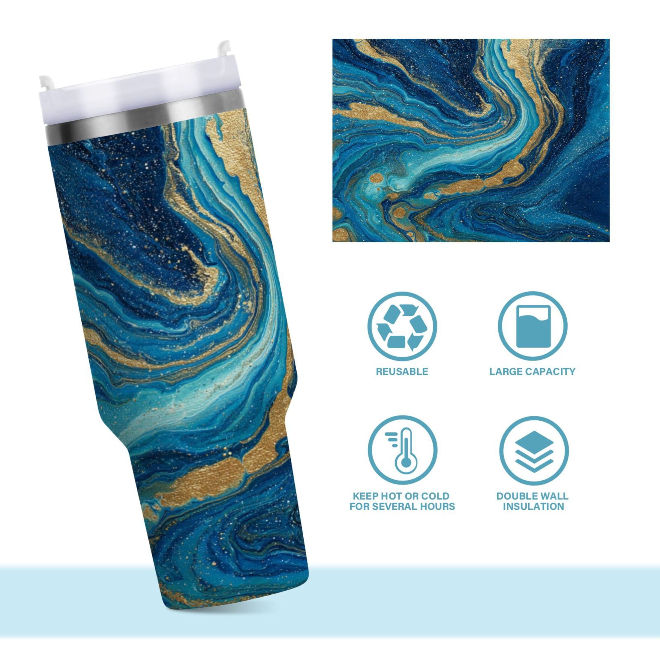 30 oz Insulated Stainless Steel Tumbler Double Wall Stainless Steel Tumbler with 2-Way Drinking Blue and Gold Ocean - JDUF