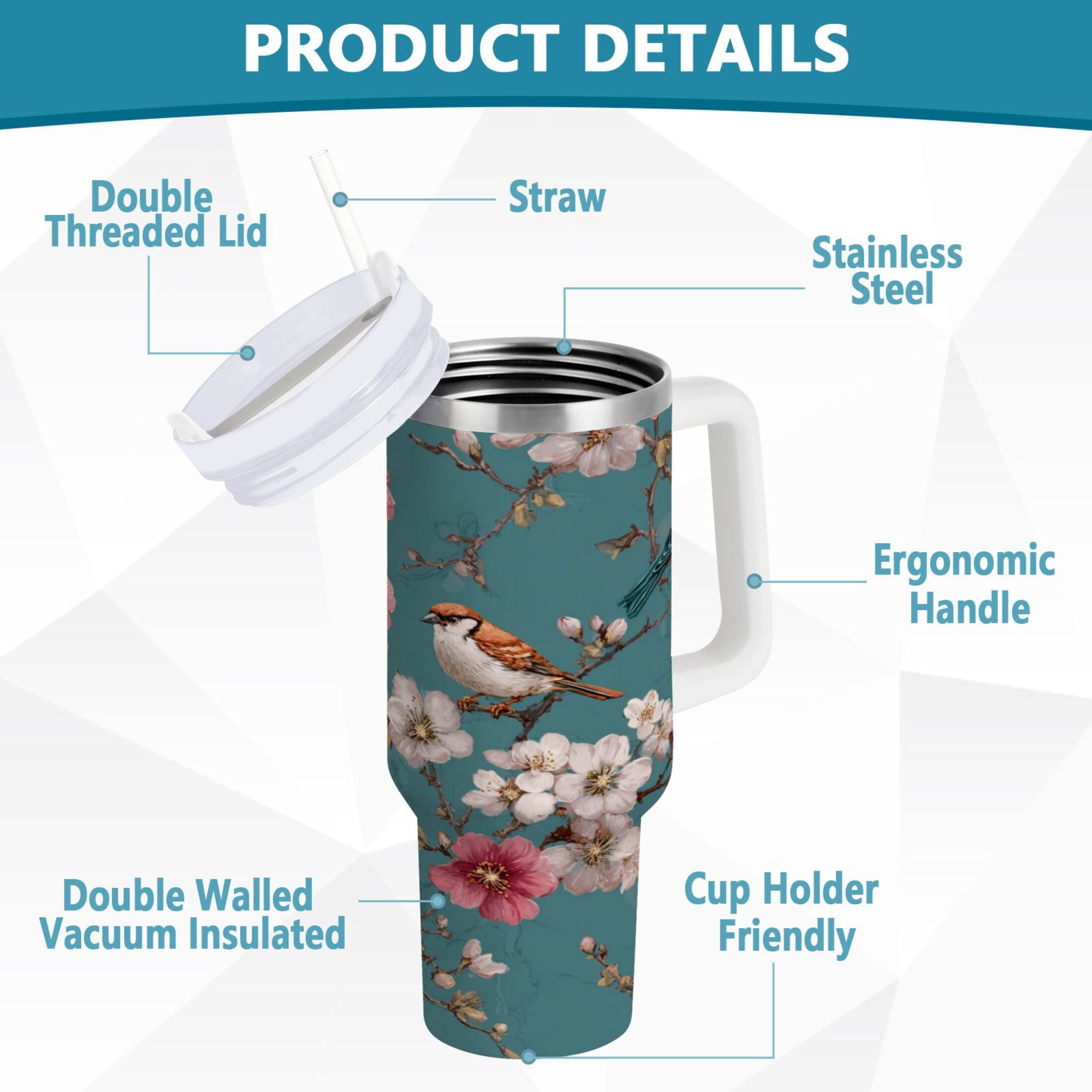 30 oz Insulated Stainless Steel Tumbler Double Wall Stainless Steel Tumbler with 2-Way Drinking Birds and Cherry Pattern - N2QS