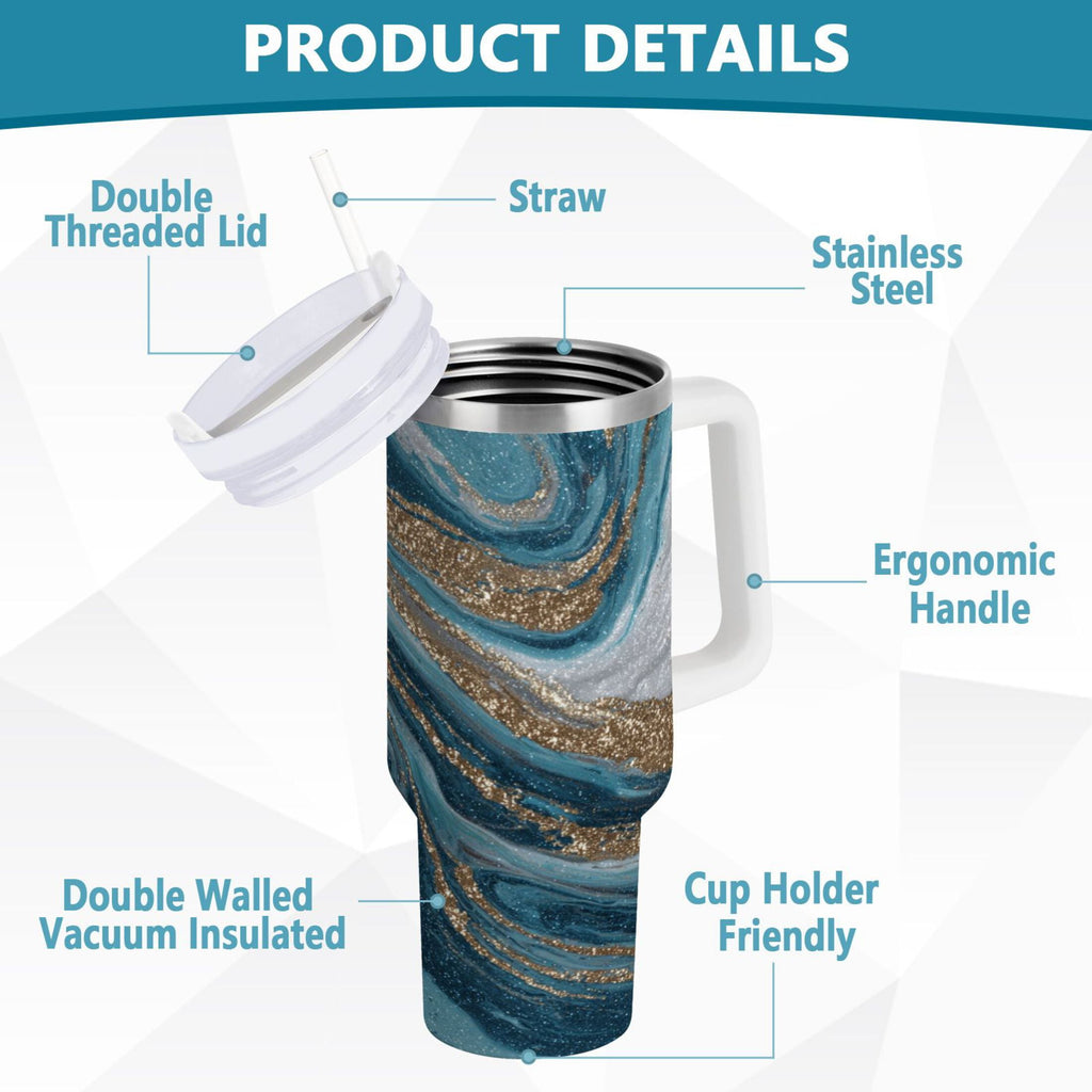 30 oz Insulated Stainless Steel Tumbler Double Wall Stainless Steel Tumbler with 2-Way Drinking Blue and Gold Swirling - LW18