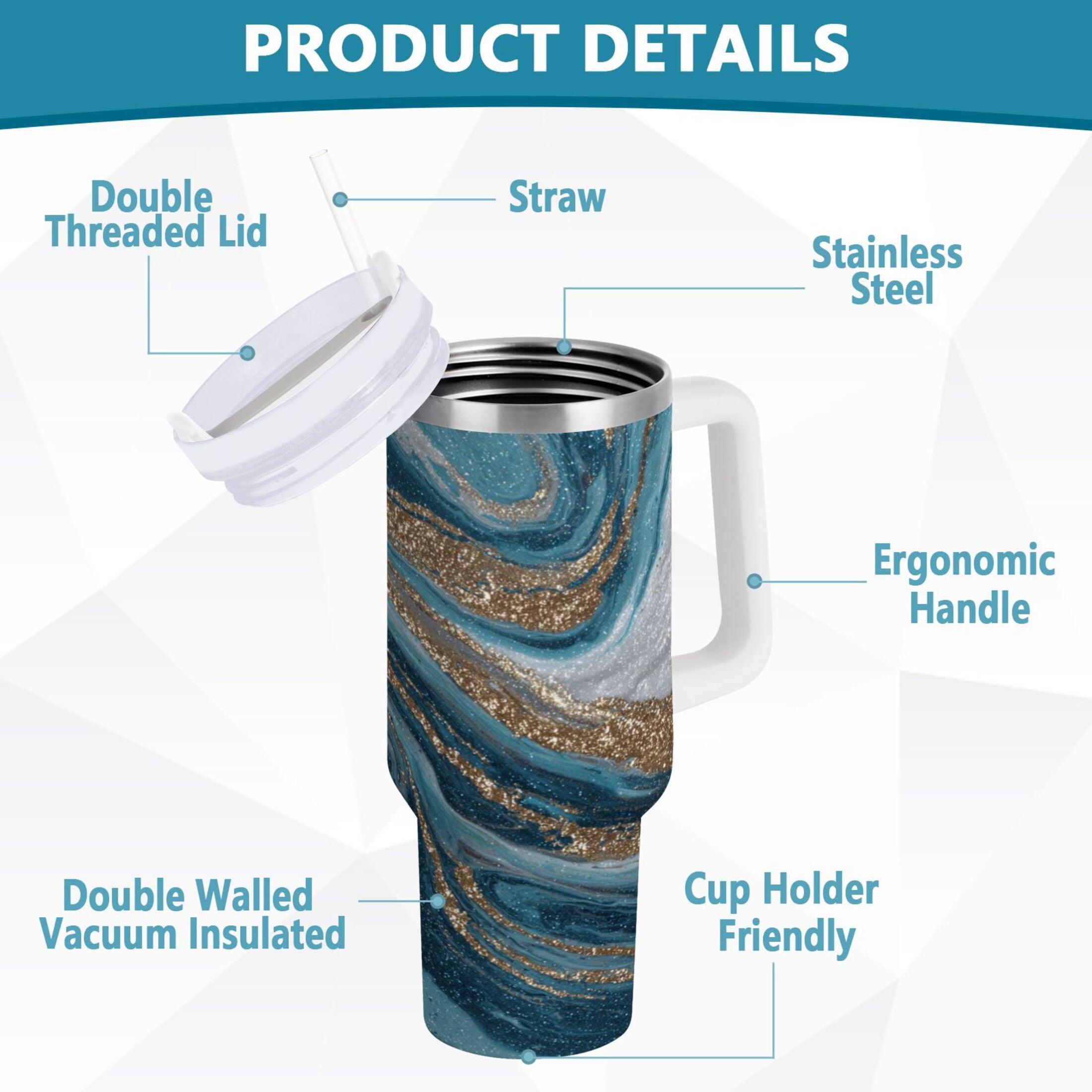 30 oz Insulated Stainless Steel Tumbler Double Wall Stainless Steel Tumbler with 2-Way Drinking Blue and Gold Swirling - LW18