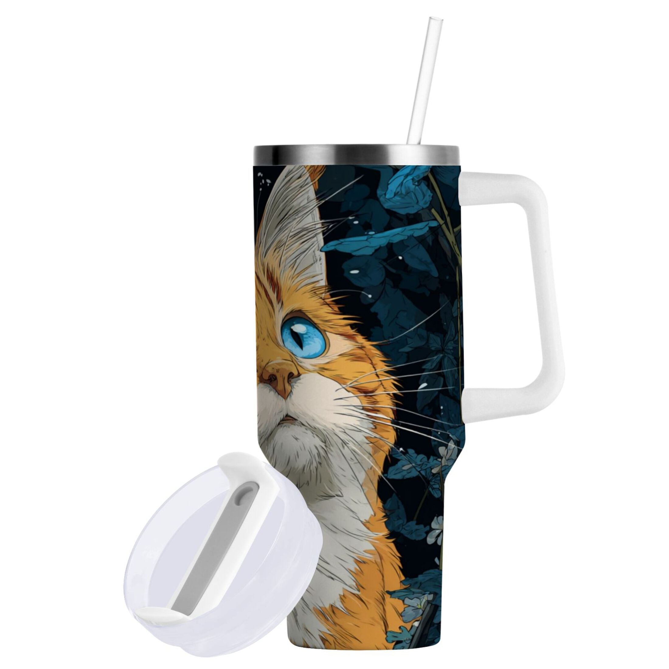 30 oz Insulated Stainless Steel Tumbler Double Wall Stainless Steel Tumbler with 2-Way Drinking Orange Cat with Blue Eyes - P494