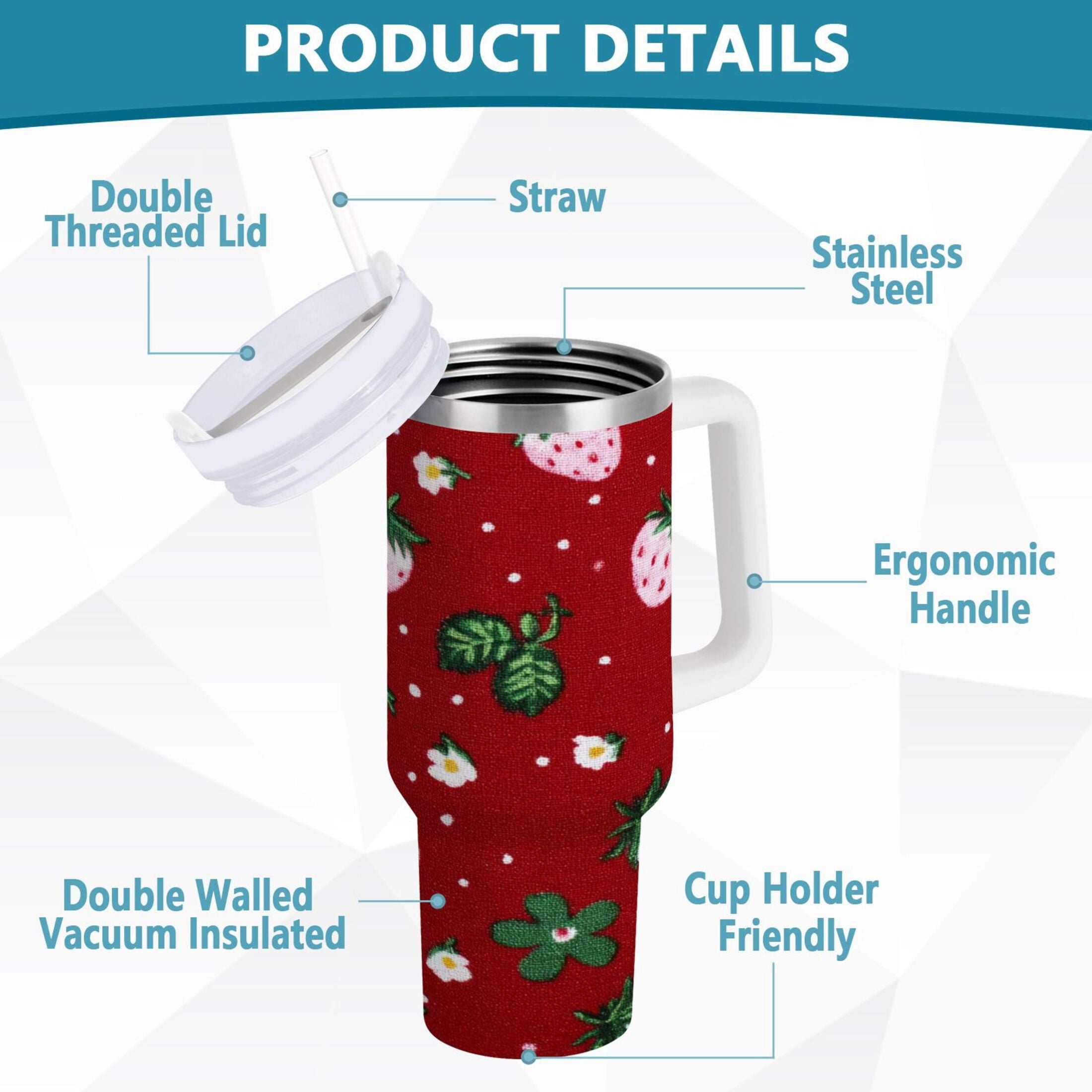 30 oz Insulated Stainless Steel Tumbler Double Wall Stainless Steel Tumbler with 2-Way Drinking Cute Pink Strawberry Pattern - PUNO