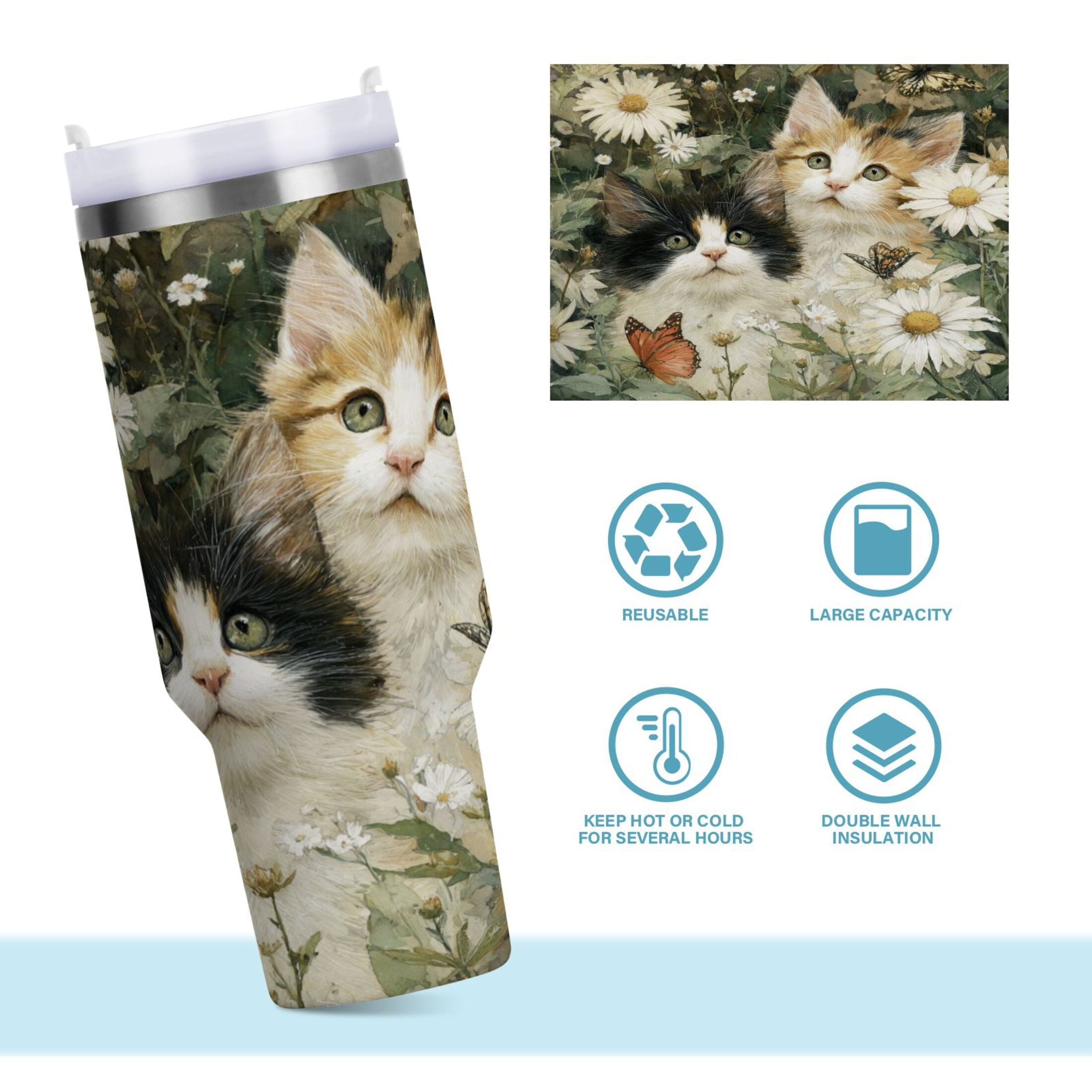 30 oz Insulated Stainless Steel Tumbler Double Wall Stainless Steel Tumbler with 2-Way Drinking Adorable Cats and Daisies - I13N