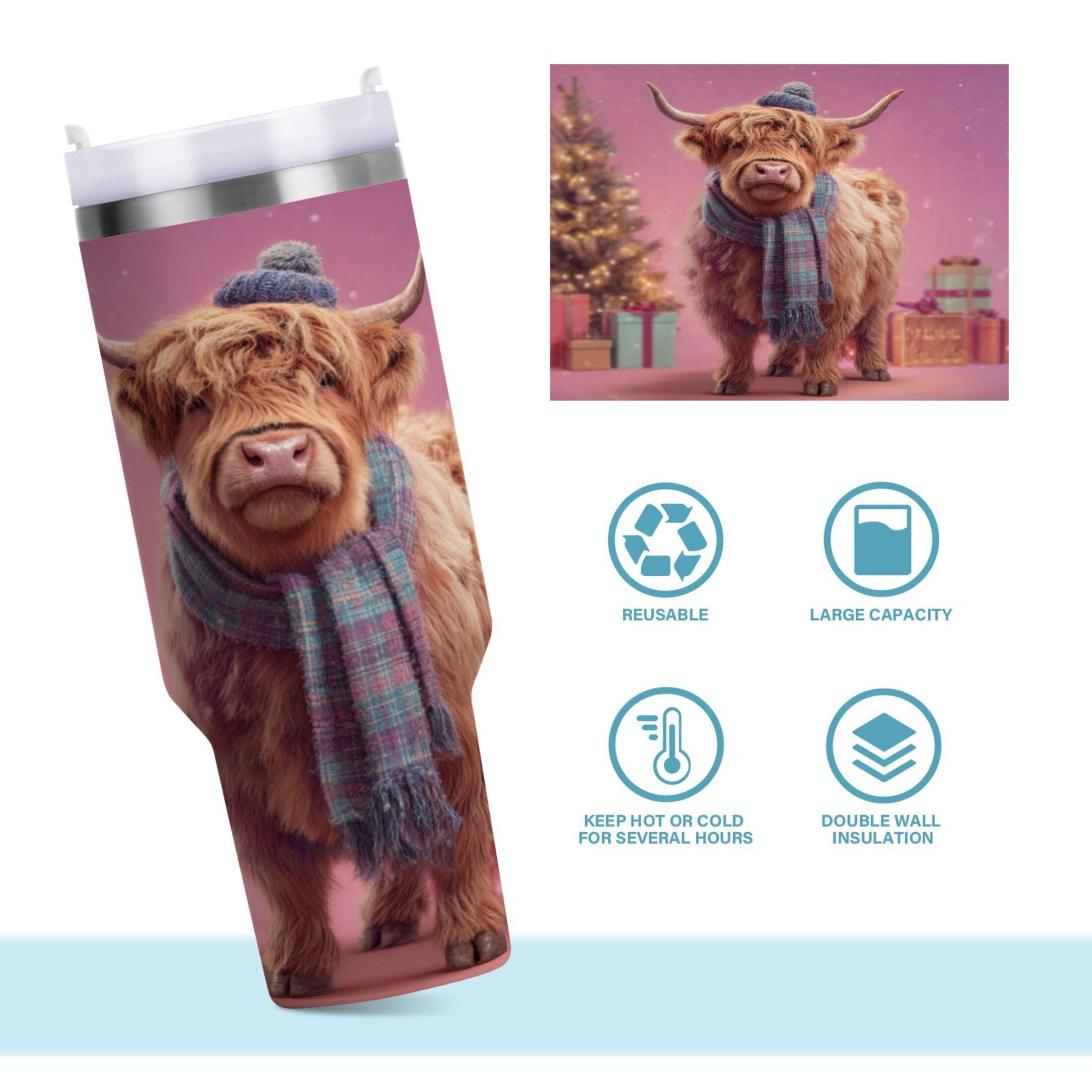 30 oz Insulated Stainless Steel Tumbler Double Wall Stainless Steel Tumbler with 2-Way Drinking Cow Wearing Christmas - U7DI