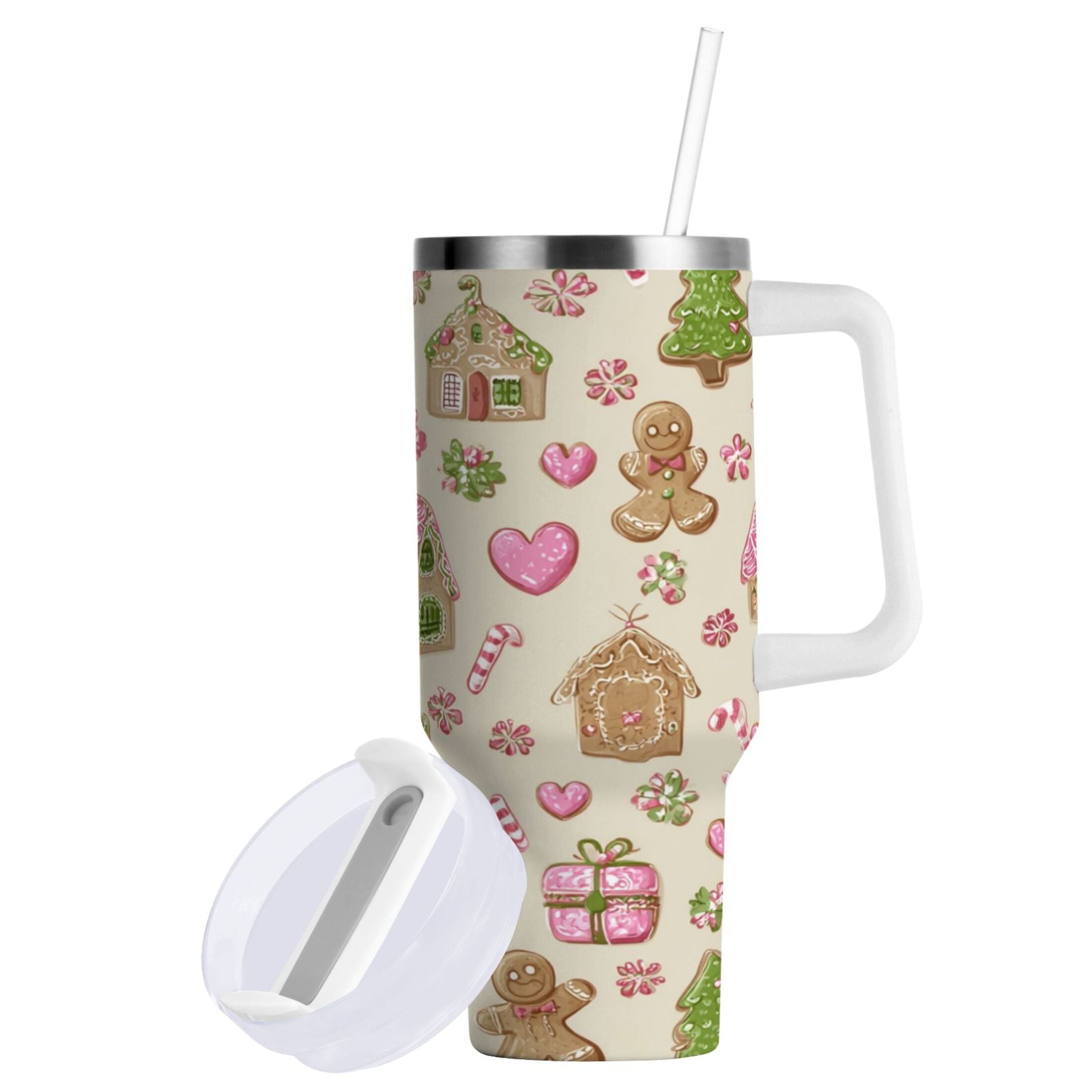 40 oz Insulated Stainless Steel Tumbler Double Wall Stainless Steel Tumbler with 2-Way Drinking Pink Cute Christmas Pattern - QX37