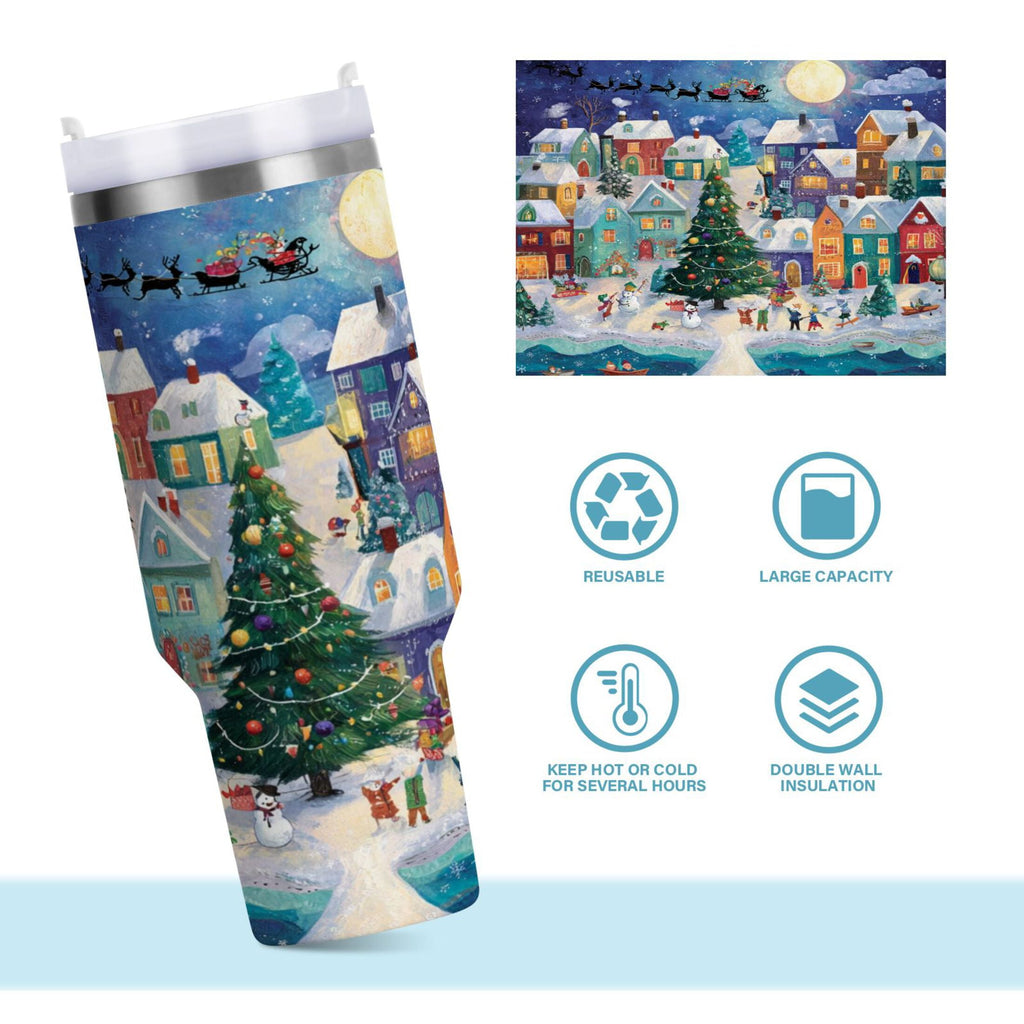 30 oz Insulated Stainless Steel Tumbler Double Wall Stainless Steel Tumbler with 2-Way Drinking Charming Christmas Scene - T84I