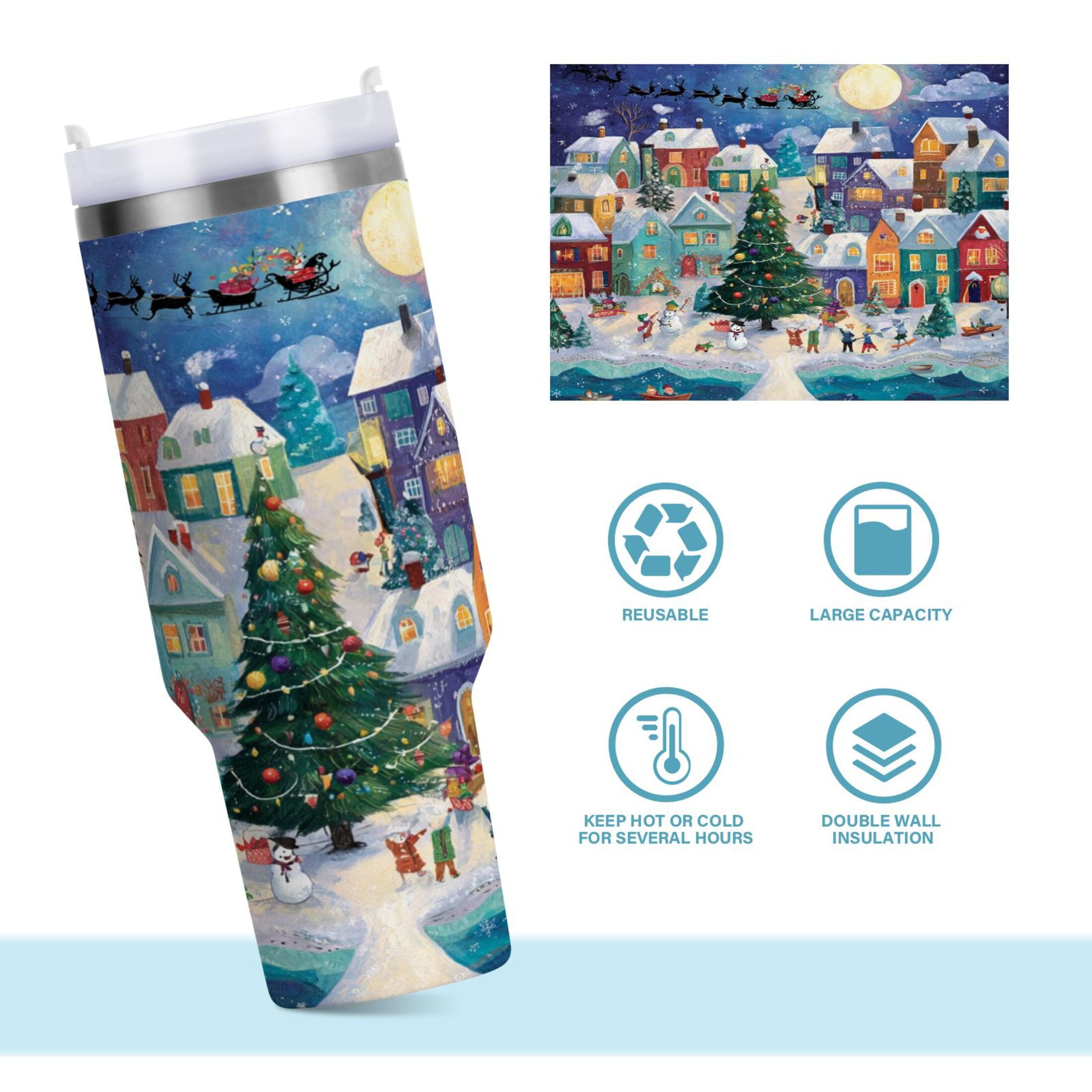 30 oz Insulated Stainless Steel Tumbler Double Wall Stainless Steel Tumbler with 2-Way Drinking Charming Christmas Scene - T84I