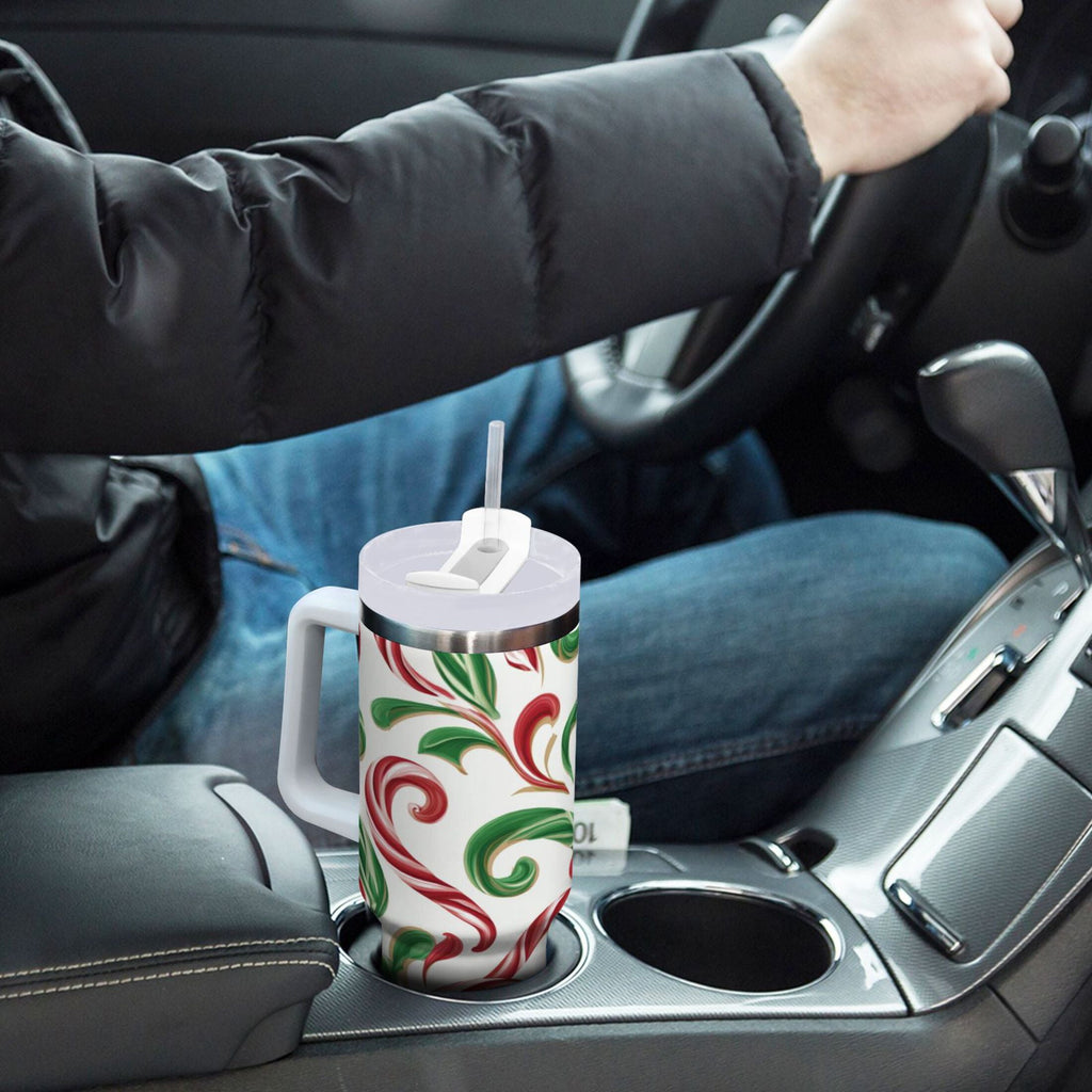40 oz Insulated Stainless Steel Tumbler Double Wall Stainless Steel Tumbler with 2-Way Drinking Red and Green Candy-cane - 6PUG