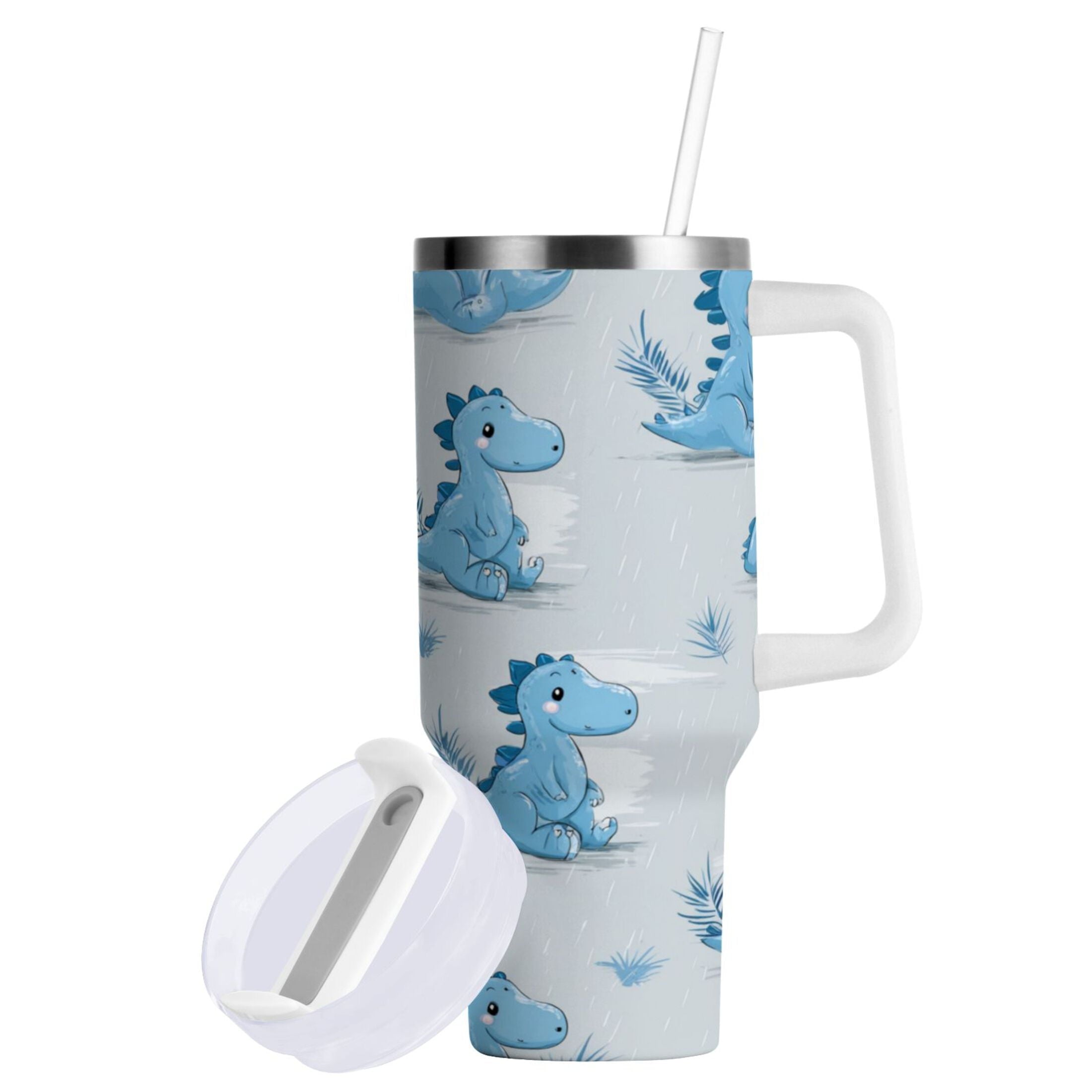 30 oz Insulated Stainless Steel Tumbler Double Wall Stainless Steel Tumbler with 2-Way Drinking Cartoon Blue Dinosaurs - 9G22