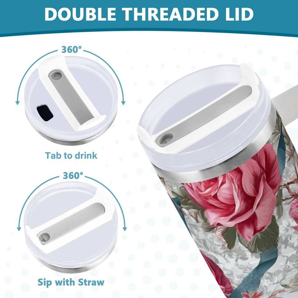 30 oz Insulated Stainless Steel Tumbler Double Wall Stainless Steel Tumbler with 2-Way Drinking Roses and Ribbons - PPEE