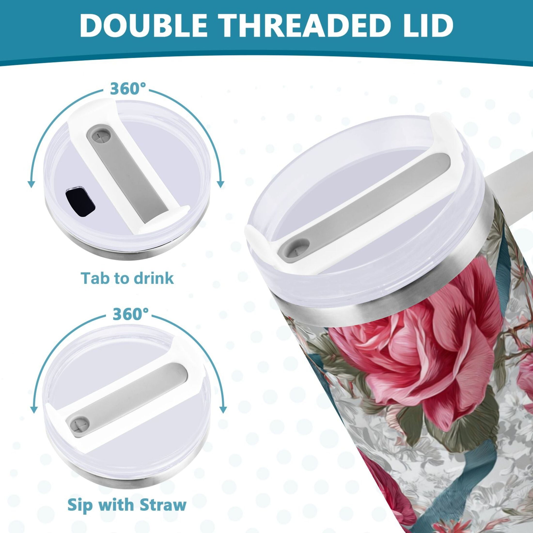 30 oz Insulated Stainless Steel Tumbler Double Wall Stainless Steel Tumbler with 2-Way Drinking Roses and Ribbons - PPEE