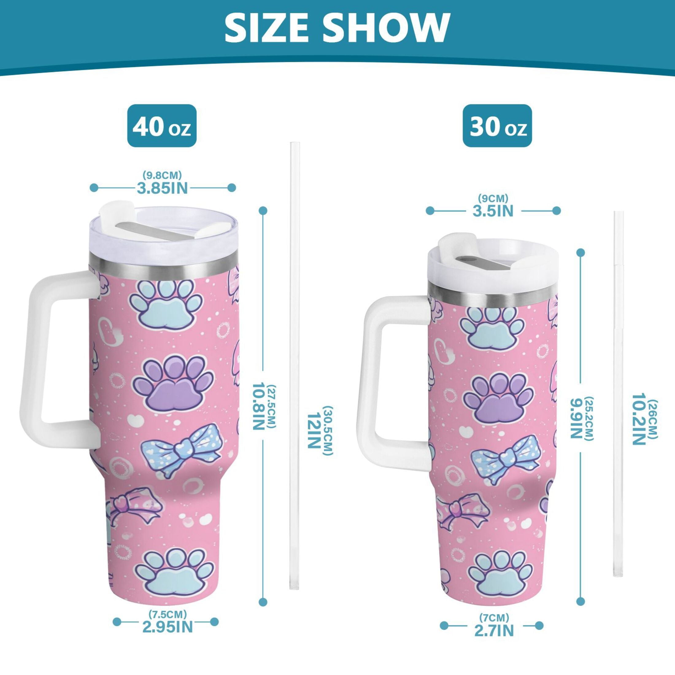 30 oz Insulated Stainless Steel Tumbler Double Wall Stainless Steel Tumbler with 2-Way Drinking Dog Paw Prints and Bows - F7K9