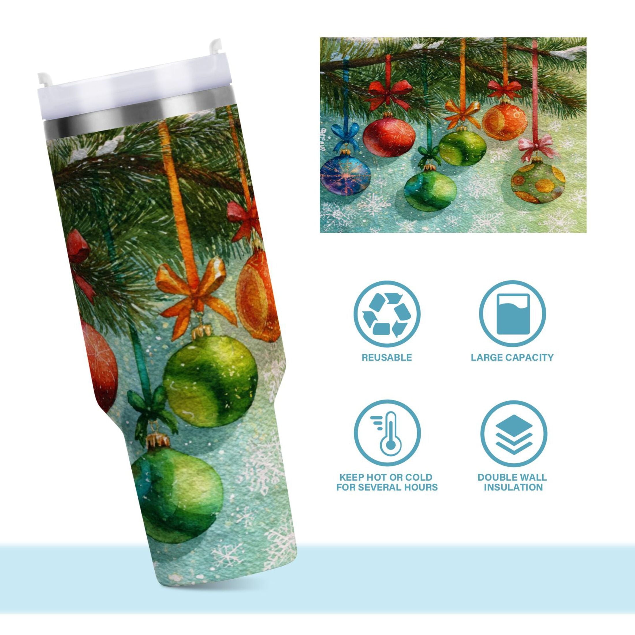 30 oz Insulated Stainless Steel Tumbler Double Wall Stainless Steel Tumbler with 2-Way Drinking Christmas Ornaments Watercolor Painting - IN1Q