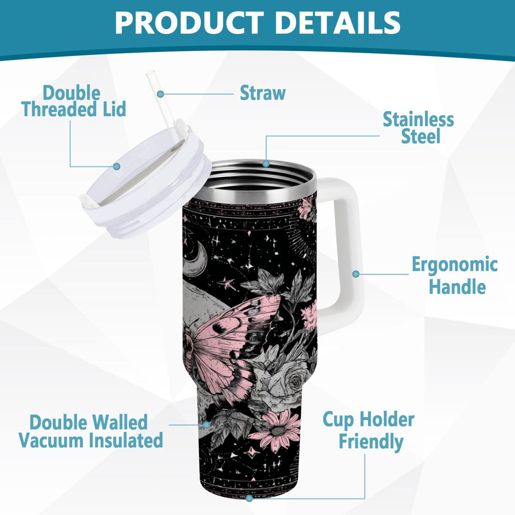30 oz Insulated Stainless Steel Tumbler Double Wall Stainless Steel Tumbler with 2-Way Drinking Butterfly by Moon and Flowers - M043