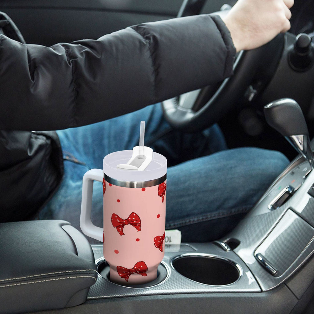 40 oz Insulated Stainless Steel Tumbler Double Wall Stainless Steel Tumbler with 2-Way Drinking Red Bows and Polka Dots - X5A8