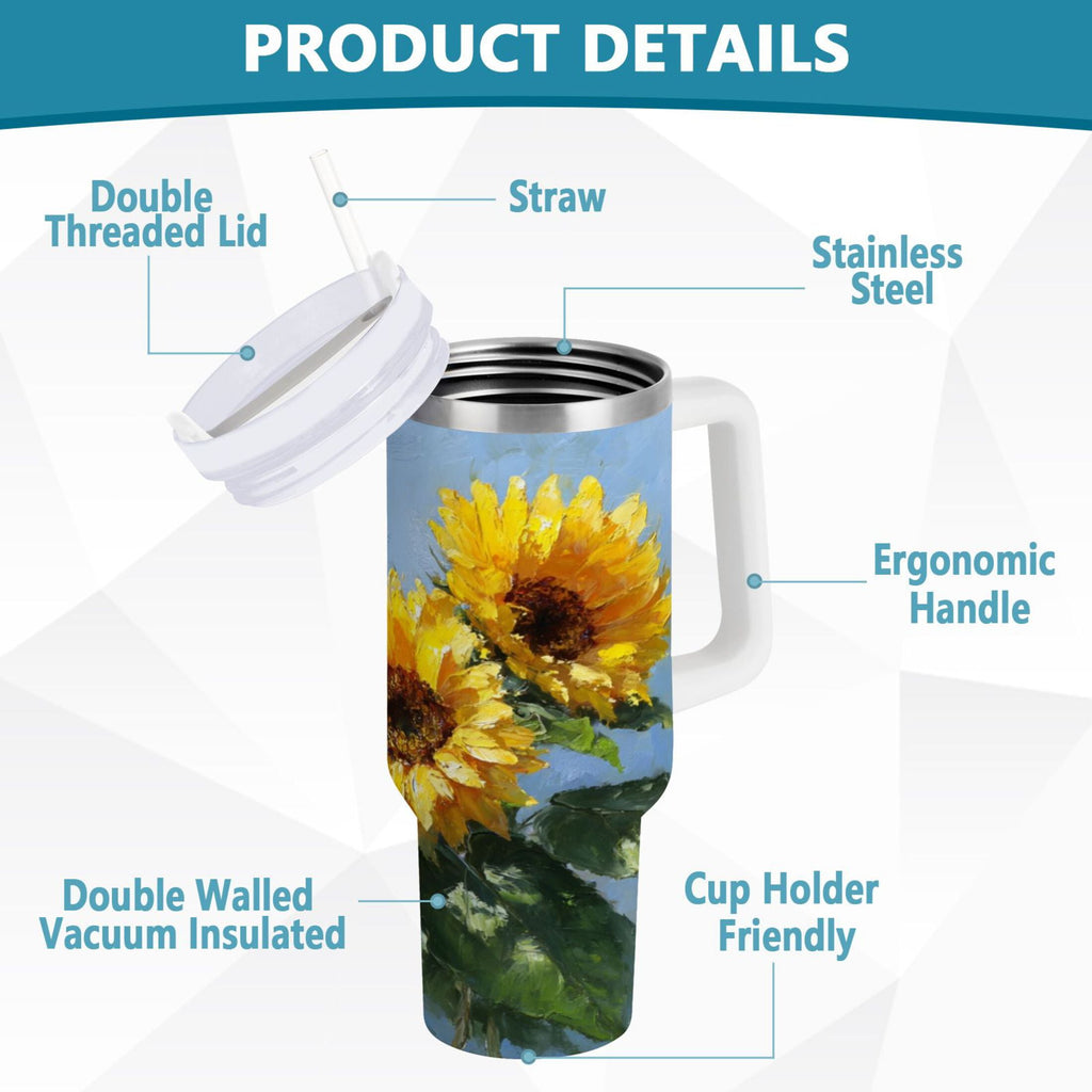 40 oz Insulated Stainless Steel Tumbler Double Wall Stainless Steel Tumbler with 2-Way Drinking Sunflowers Painting - 59QY