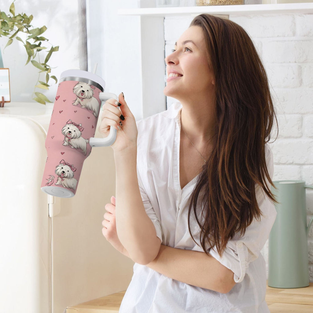 30 oz Insulated Stainless Steel Tumbler Double Wall Stainless Steel Tumbler with 2-Way Drinking Dogs Wearing Bows - DQZ2