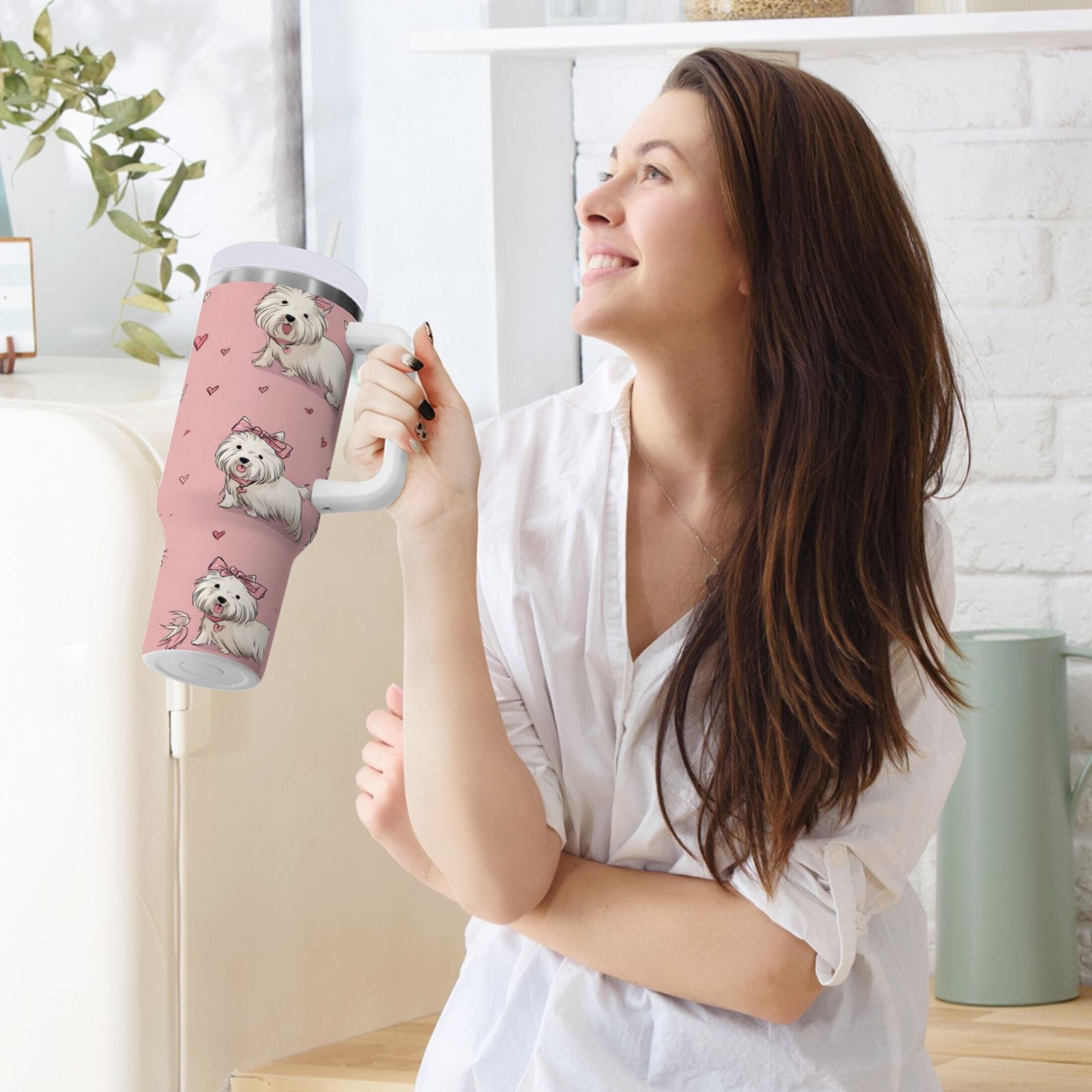 30 oz Insulated Stainless Steel Tumbler Double Wall Stainless Steel Tumbler with 2-Way Drinking Dogs Wearing Bows - DQZ2