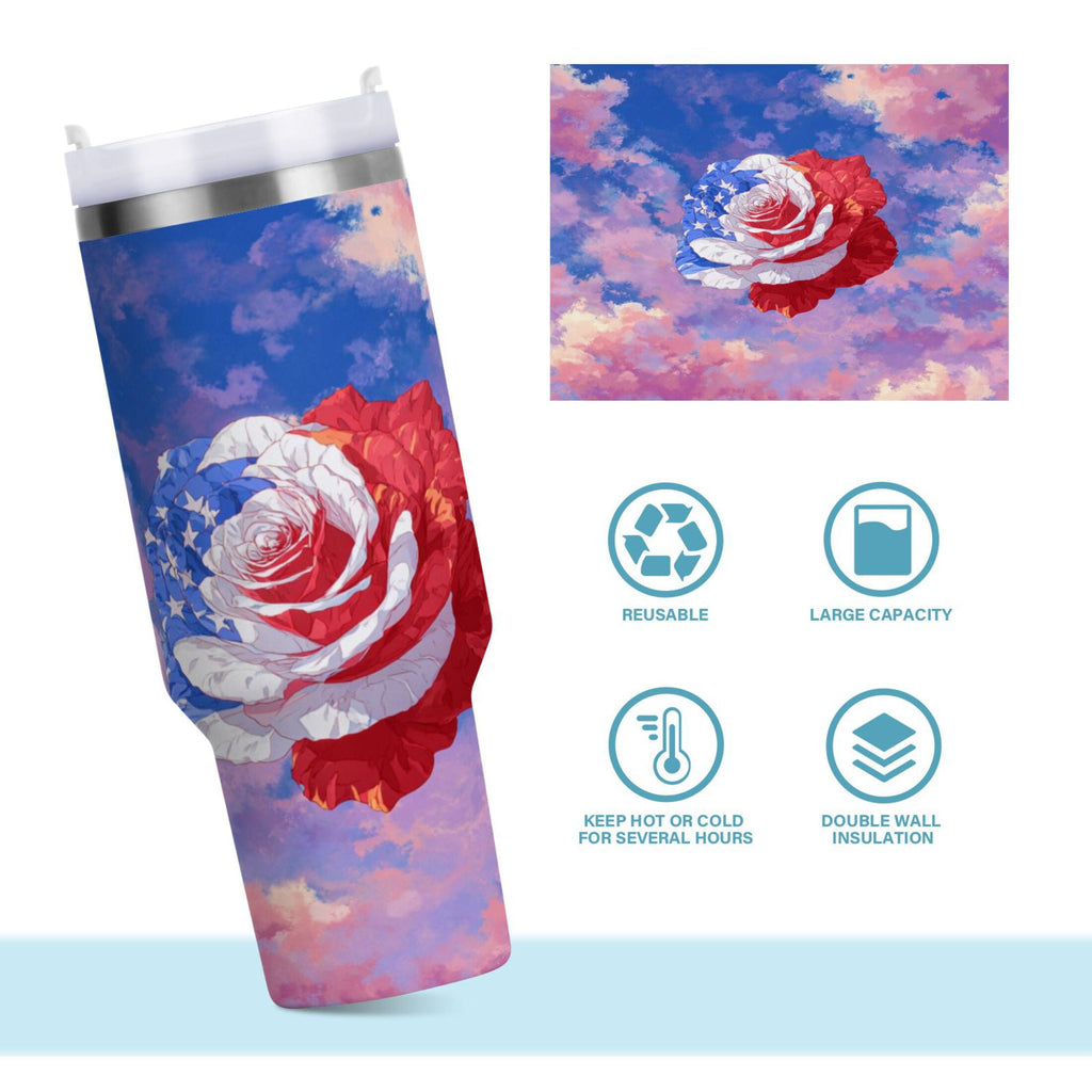 30 oz Insulated Stainless Steel Tumbler Double Wall Stainless Steel Tumbler with 2-Way Drinking Rose with Flag Pattern - JEPP