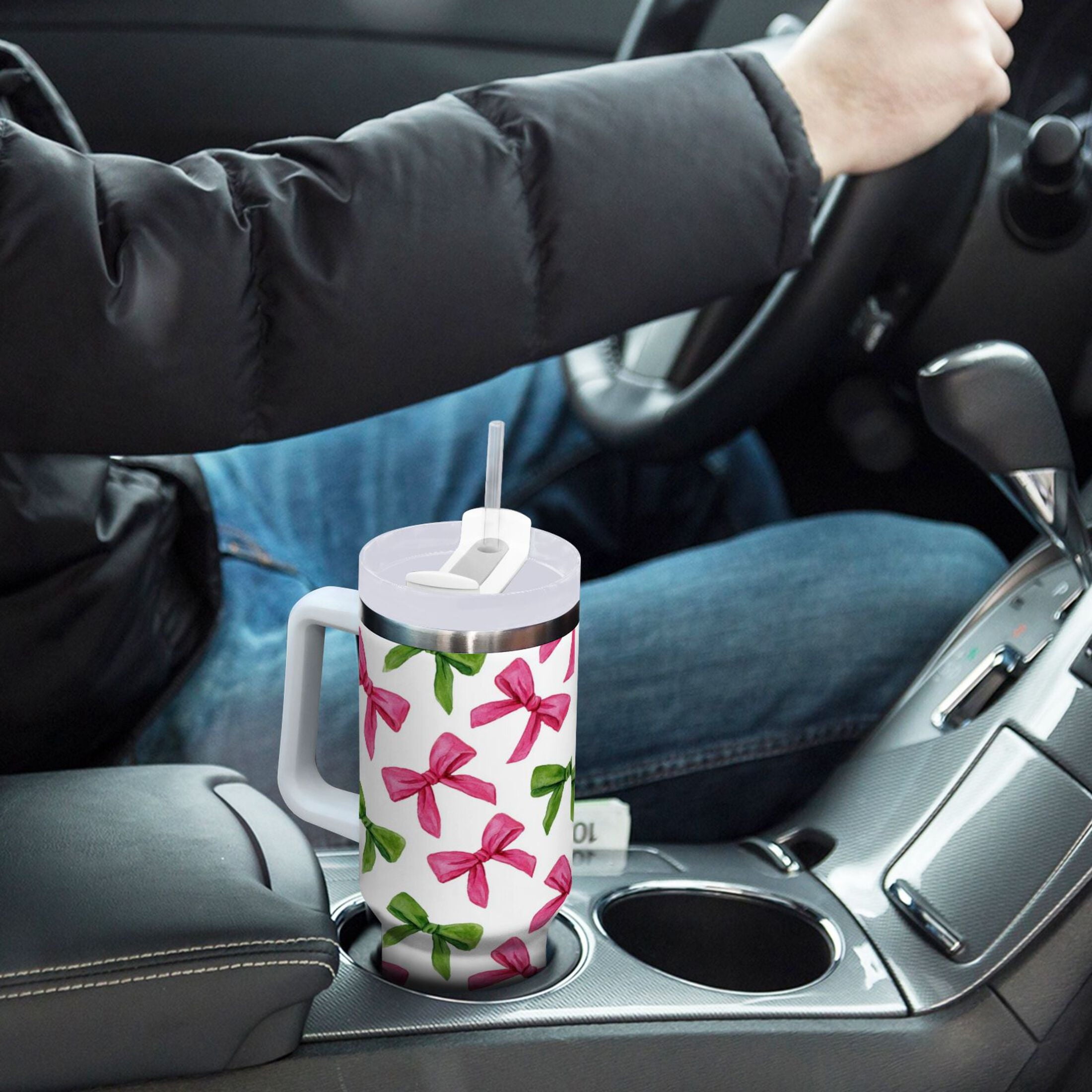 30 oz Insulated Stainless Steel Tumbler Double Wall Stainless Steel Tumbler with 2-Way Drinking Pink Bows and Green Ribbons - 2V9P