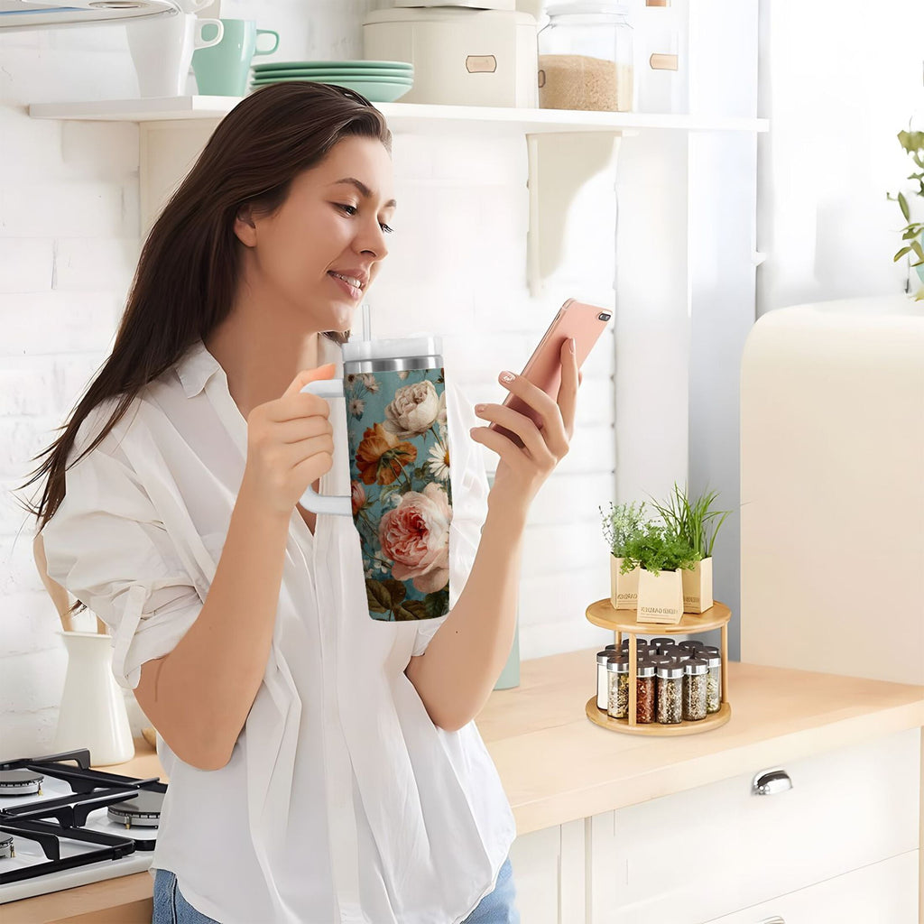 30 oz Insulated Stainless Steel Tumbler Double Wall Stainless Steel Tumbler with 2-Way Drinking Vintage Roses and Peonies - DZ0L