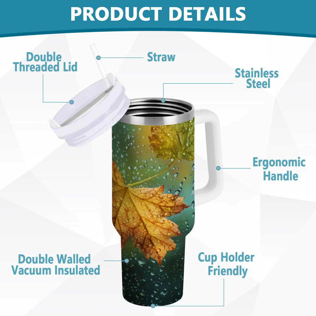 30 oz Insulated Stainless Steel Tumbler Double Wall Stainless Steel Tumbler with 2-Way Drinking Leaves with Water Droplets - 7056