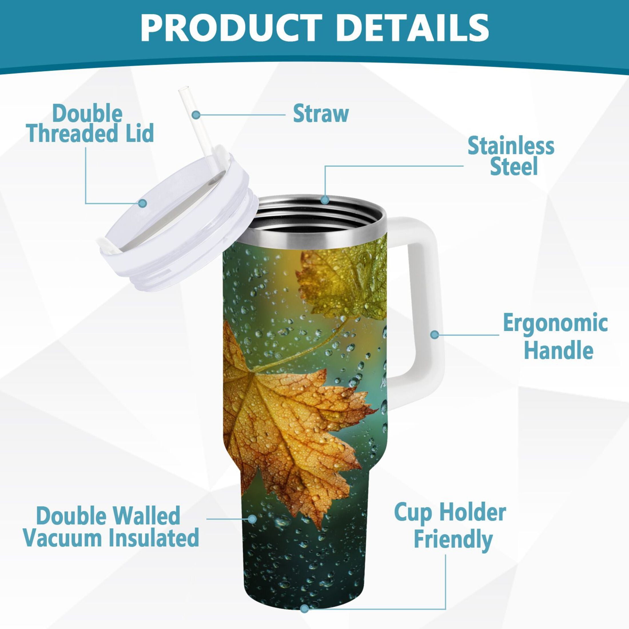 30 oz Insulated Stainless Steel Tumbler Double Wall Stainless Steel Tumbler with 2-Way Drinking Leaves with Water Droplets - 7056