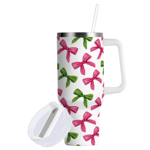 30 oz Insulated Stainless Steel Tumbler Double Wall Stainless Steel Tumbler with 2-Way Drinking Pink Bows and Green Ribbons - 2V9P