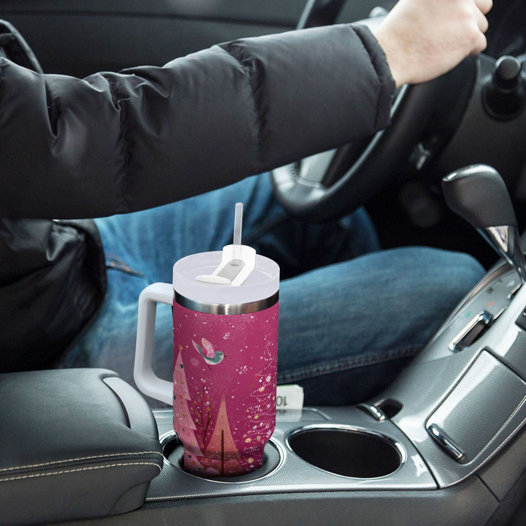 40 oz Insulated Stainless Steel Tumbler Double Wall Stainless Steel Tumbler with 2-Way Drinking Pink Christmas Forest - 2F90