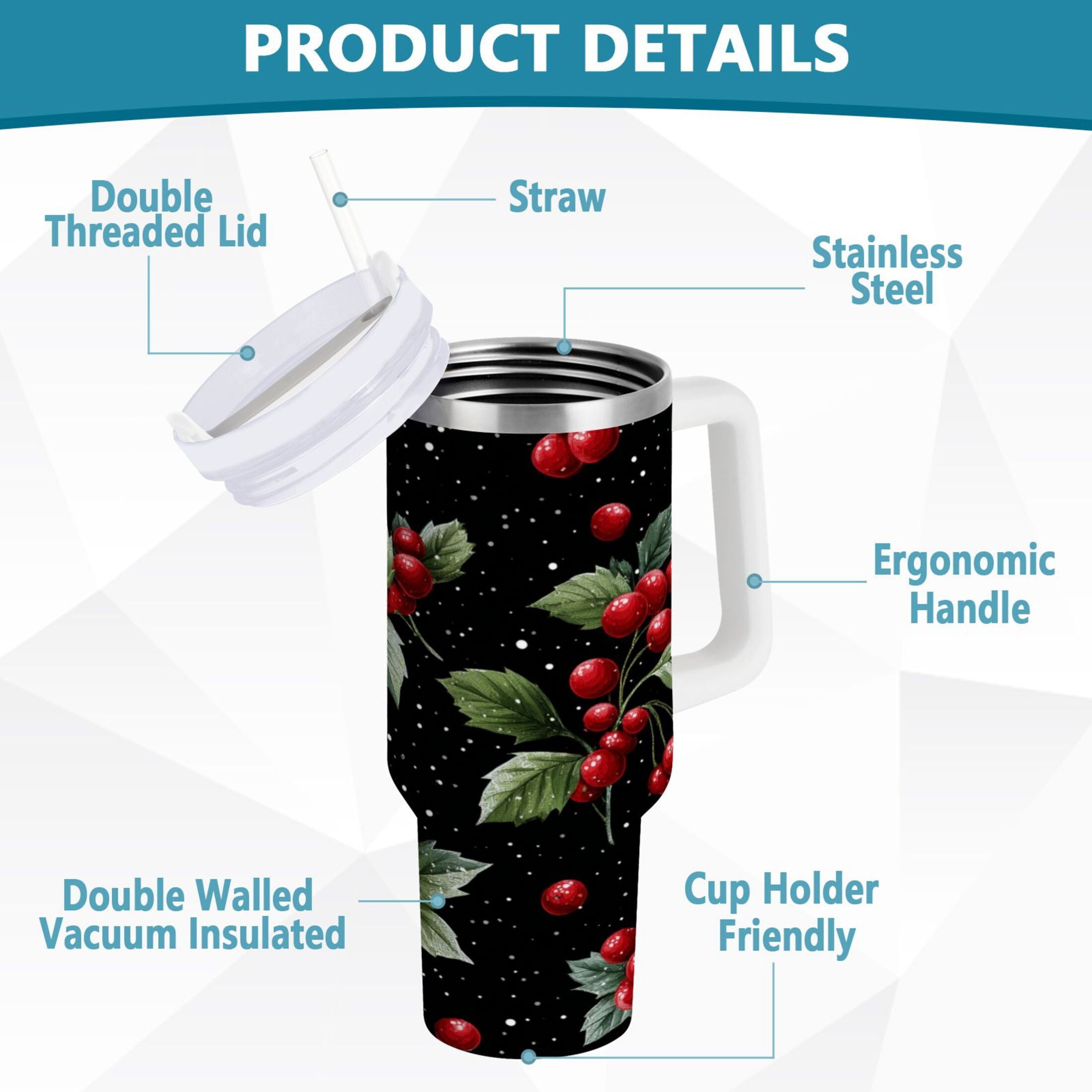 40 oz Insulated Stainless Steel Tumbler Double Wall Stainless Steel Tumbler with 2-Way Drinking Red Holly Berries Pattern - 7MMI