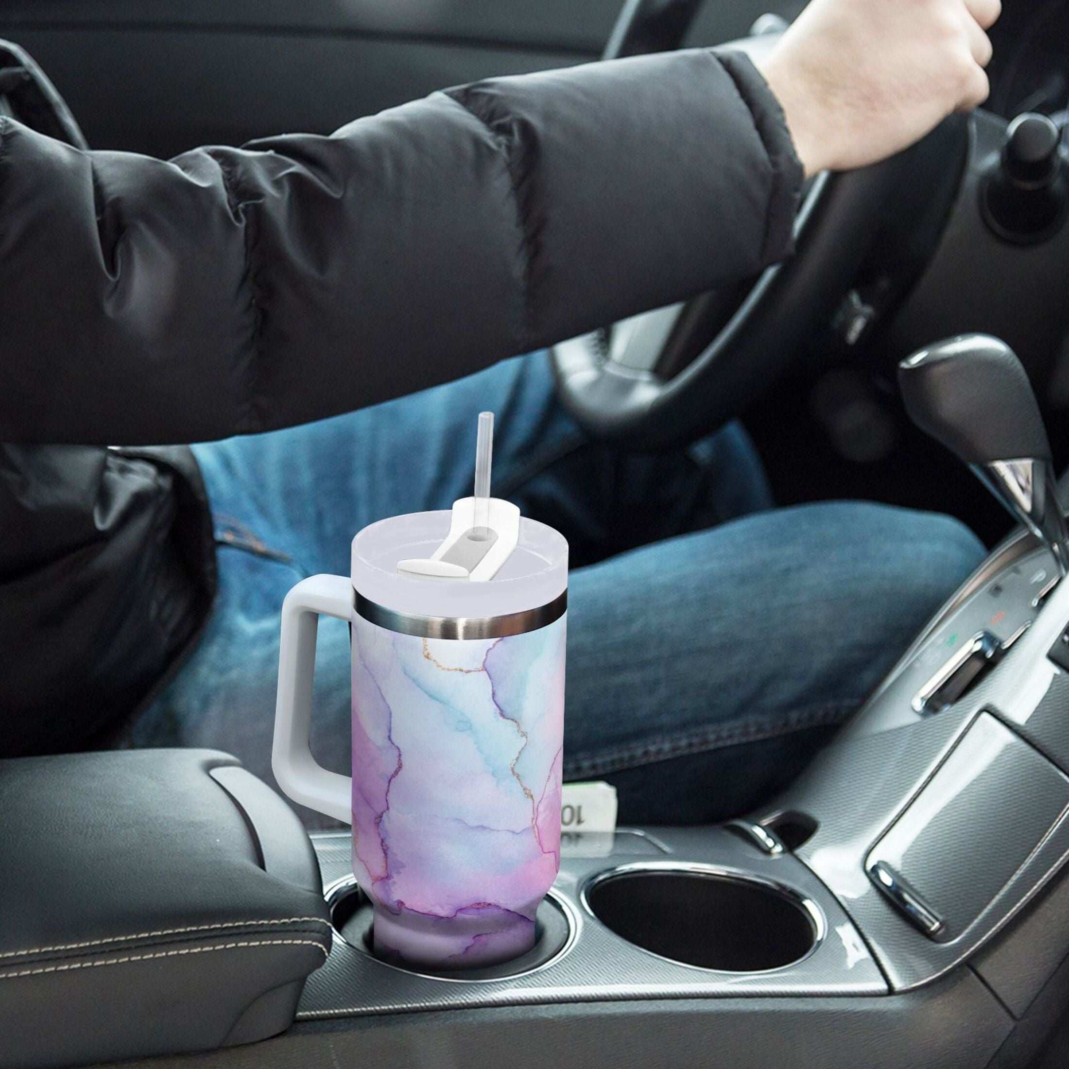 30 oz Insulated Stainless Steel Tumbler Double Wall Stainless Steel Tumbler with 2-Way Drinking Pastel Pink Marble Texture - TAFF