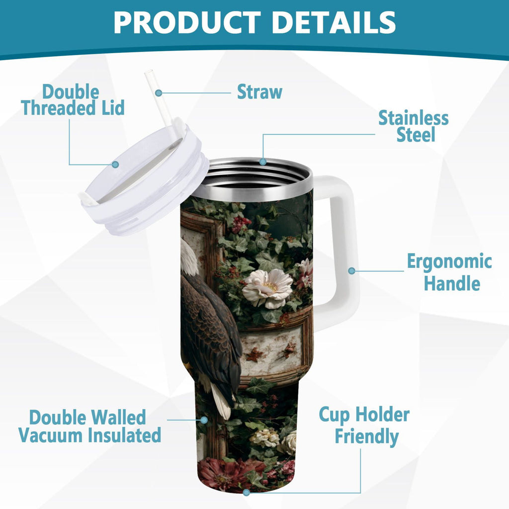 30 oz Insulated Stainless Steel Tumbler Double Wall Stainless Steel Tumbler with 2-Way Drinking Wreath and Bald Eagle - J2JK
