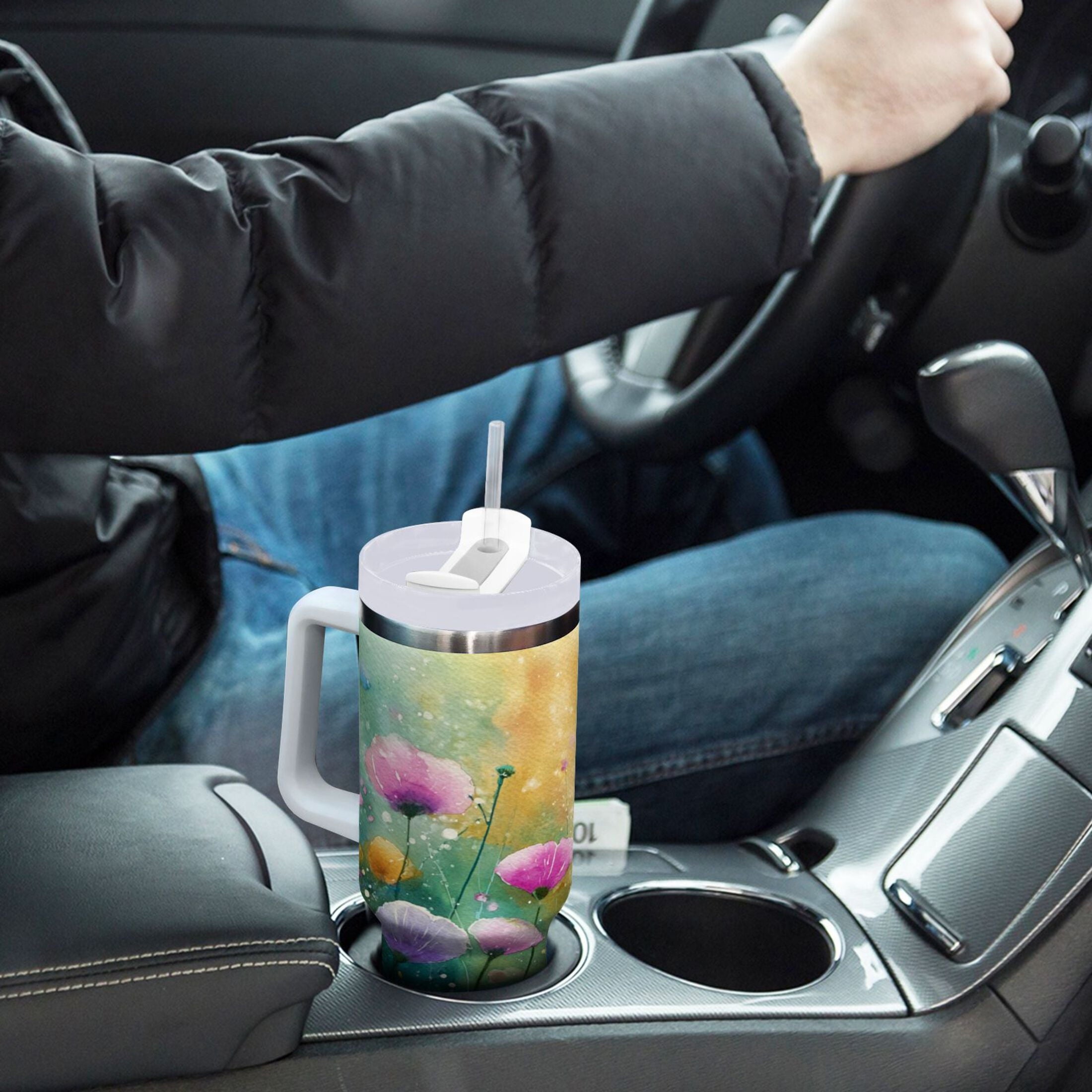 30 oz Insulated Stainless Steel Tumbler Double Wall Stainless Steel Tumbler with 2-Way Drinking Watercolor Wildflowers - 5Y1D