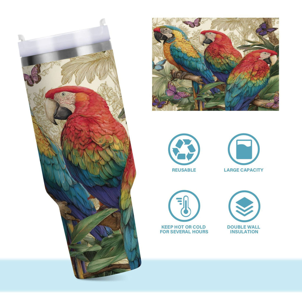 30 oz Insulated Stainless Steel Tumbler Double Wall Stainless Steel Tumbler with 2-Way Drinking Colorful Beautiful Parrots - FM7O