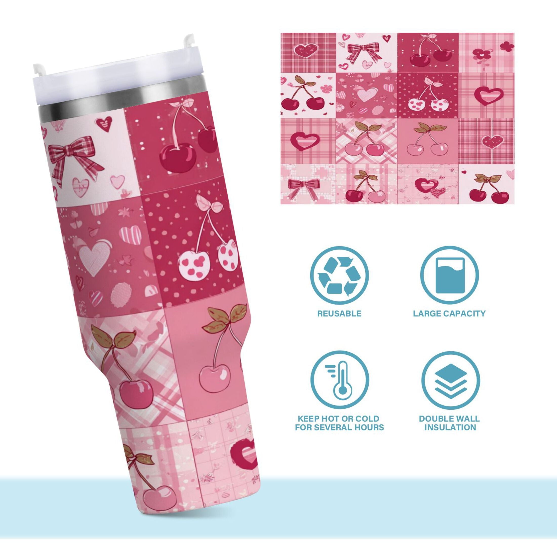 30 oz Insulated Stainless Steel Tumbler Double Wall Stainless Steel Tumbler with 2-Way Drinking Cherry Pattern with Bows - 2NGA