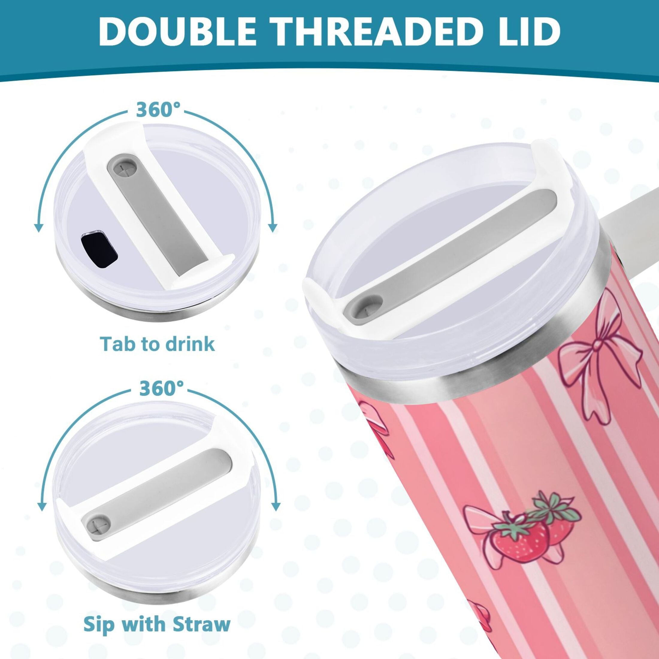 30 oz Insulated Stainless Steel Tumbler Double Wall Stainless Steel Tumbler with 2-Way Drinking Pink Bows and Strawberries - F8G4