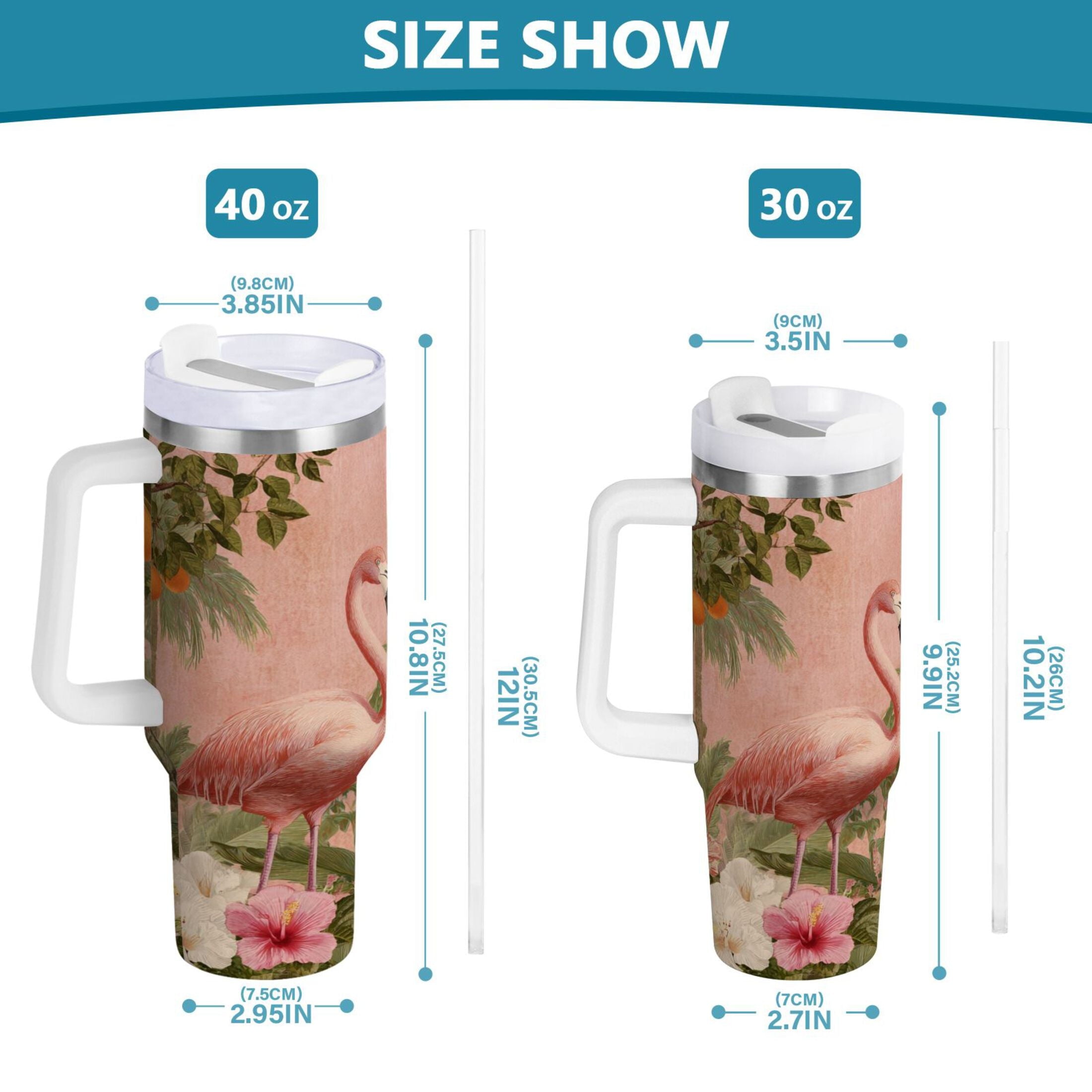 40 oz Insulated Stainless Steel Tumbler Double Wall Stainless Steel Tumbler with 2-Way Drinking Flamingos in Tropical Garden - D7N9