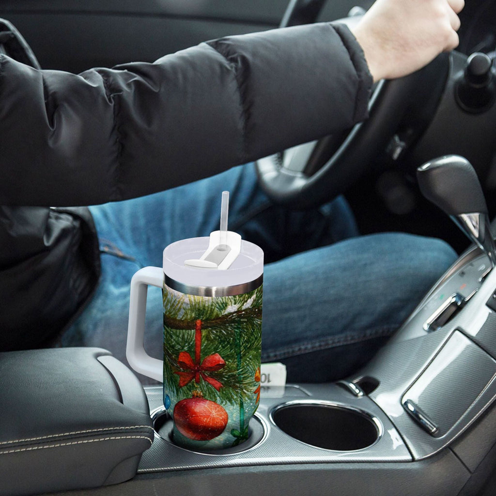30 oz Insulated Stainless Steel Tumbler Double Wall Stainless Steel Tumbler with 2-Way Drinking Christmas Ornaments Watercolor Painting - IN1Q
