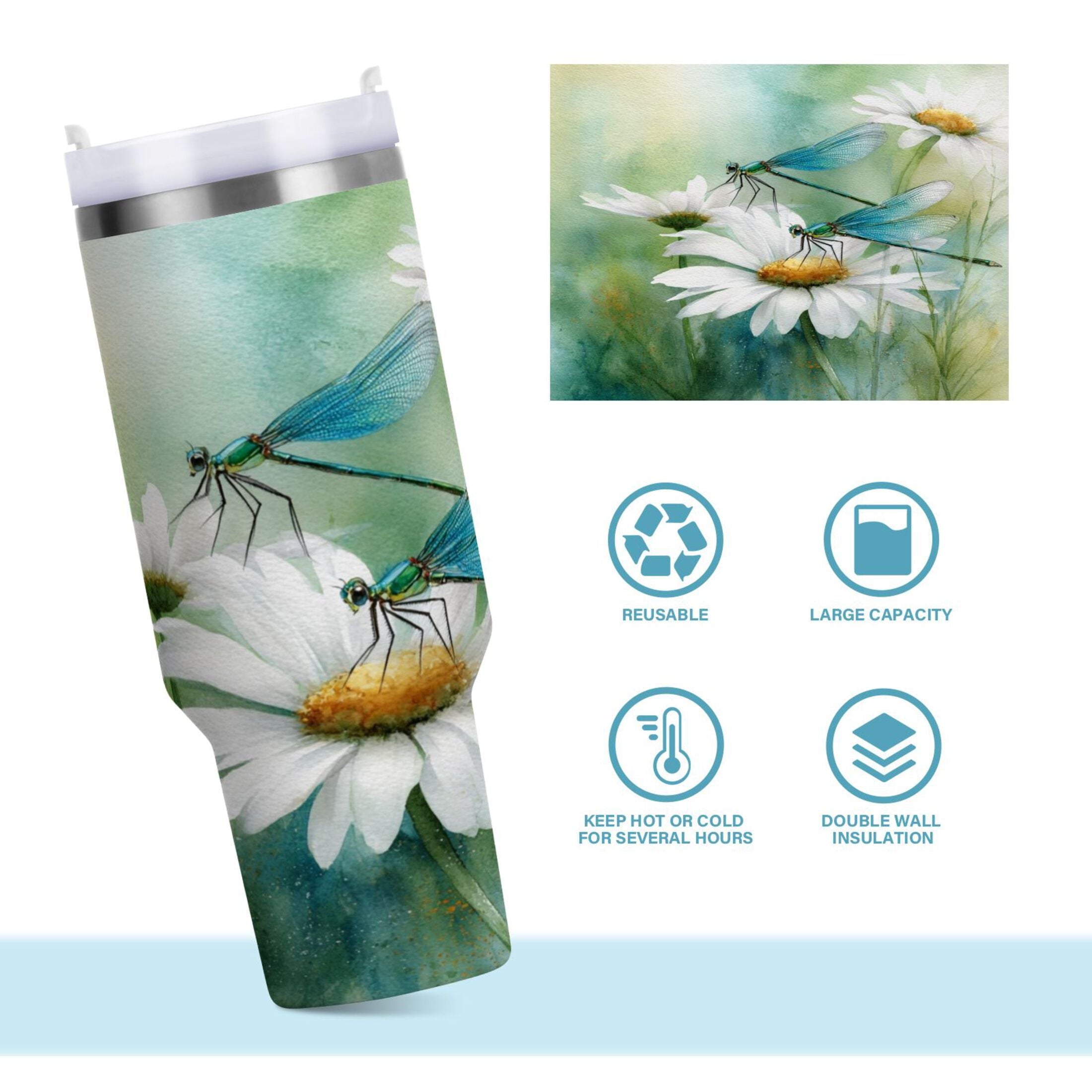 30 oz Insulated Stainless Steel Tumbler Double Wall Stainless Steel Tumbler with 2-Way Drinking Beautiful Dragonflies and Daisies - GLPX