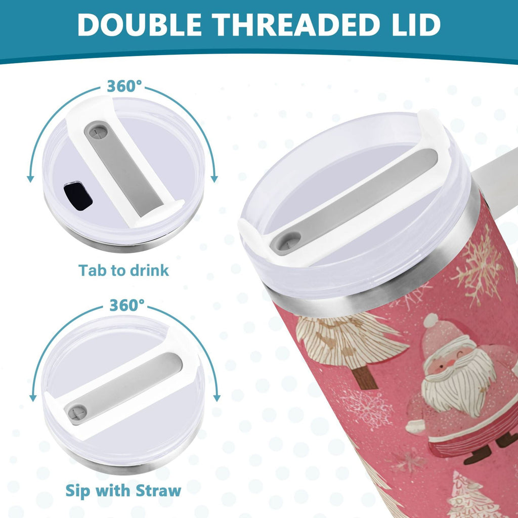40 oz Insulated Stainless Steel Tumbler Double Wall Stainless Steel Tumbler with 2-Way Drinking Pink Santa Claus Pattern - VRN8