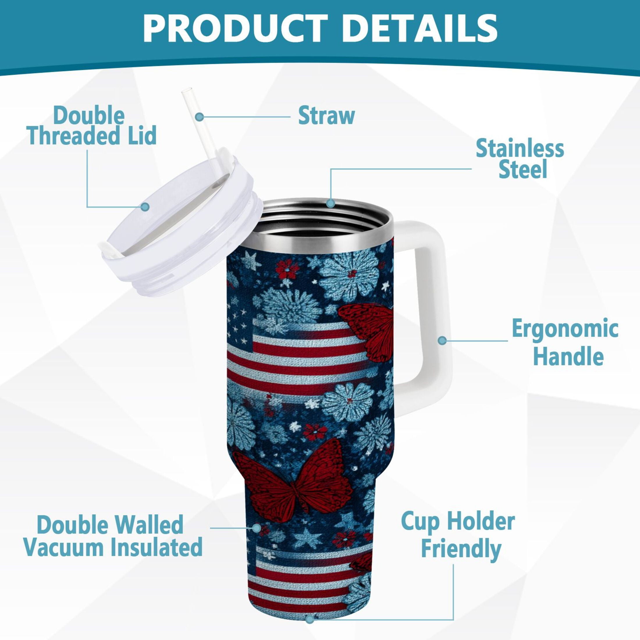 30 oz Insulated Stainless Steel Tumbler Double Wall Stainless Steel Tumbler with 2-Way Drinking Red Butterflies and Flags - P0DF