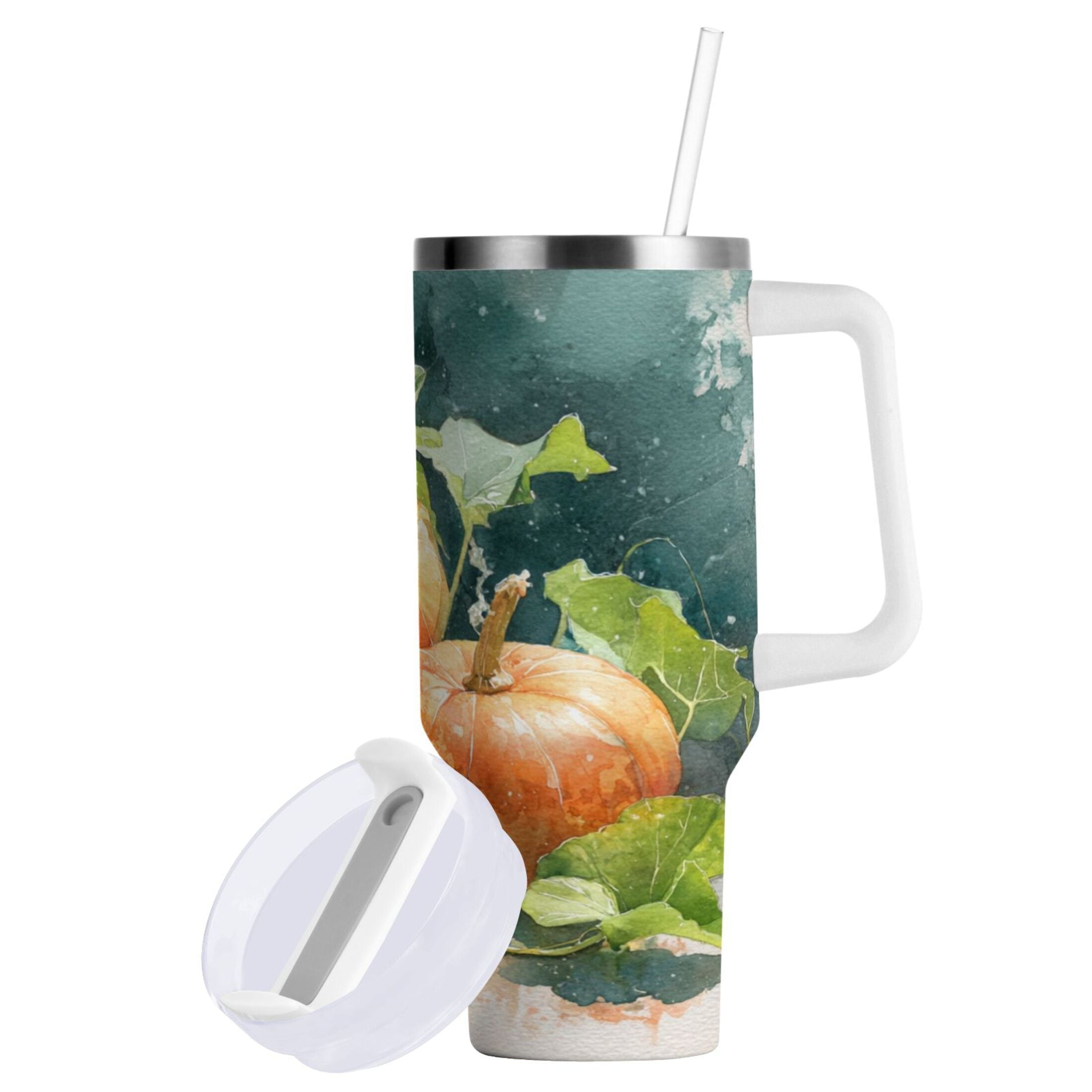 40 oz Insulated Stainless Steel Tumbler Double Wall Stainless Steel Tumbler with 2-Way Drinking Orange and White Pumpkins - P3HQ