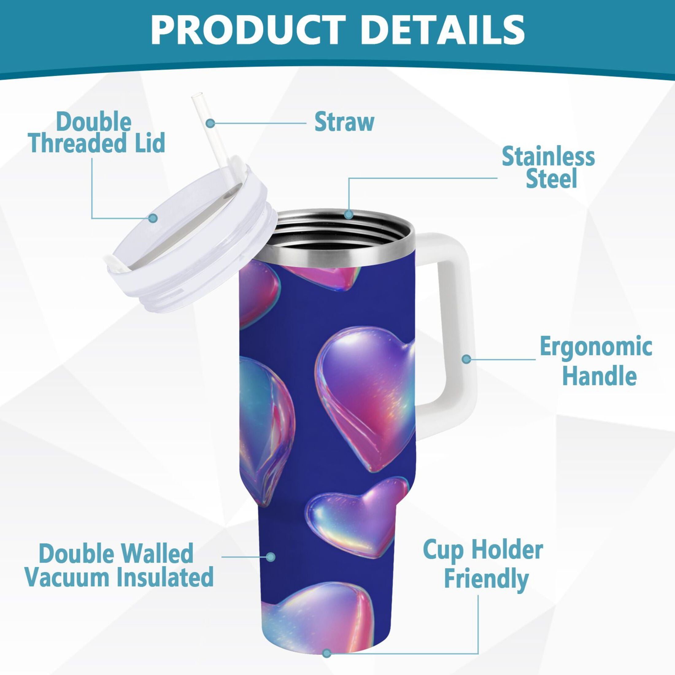 30 oz Insulated Stainless Steel Tumbler Double Wall Stainless Steel Tumbler with 2-Way Drinking Pink-purple Hearts - RRFC