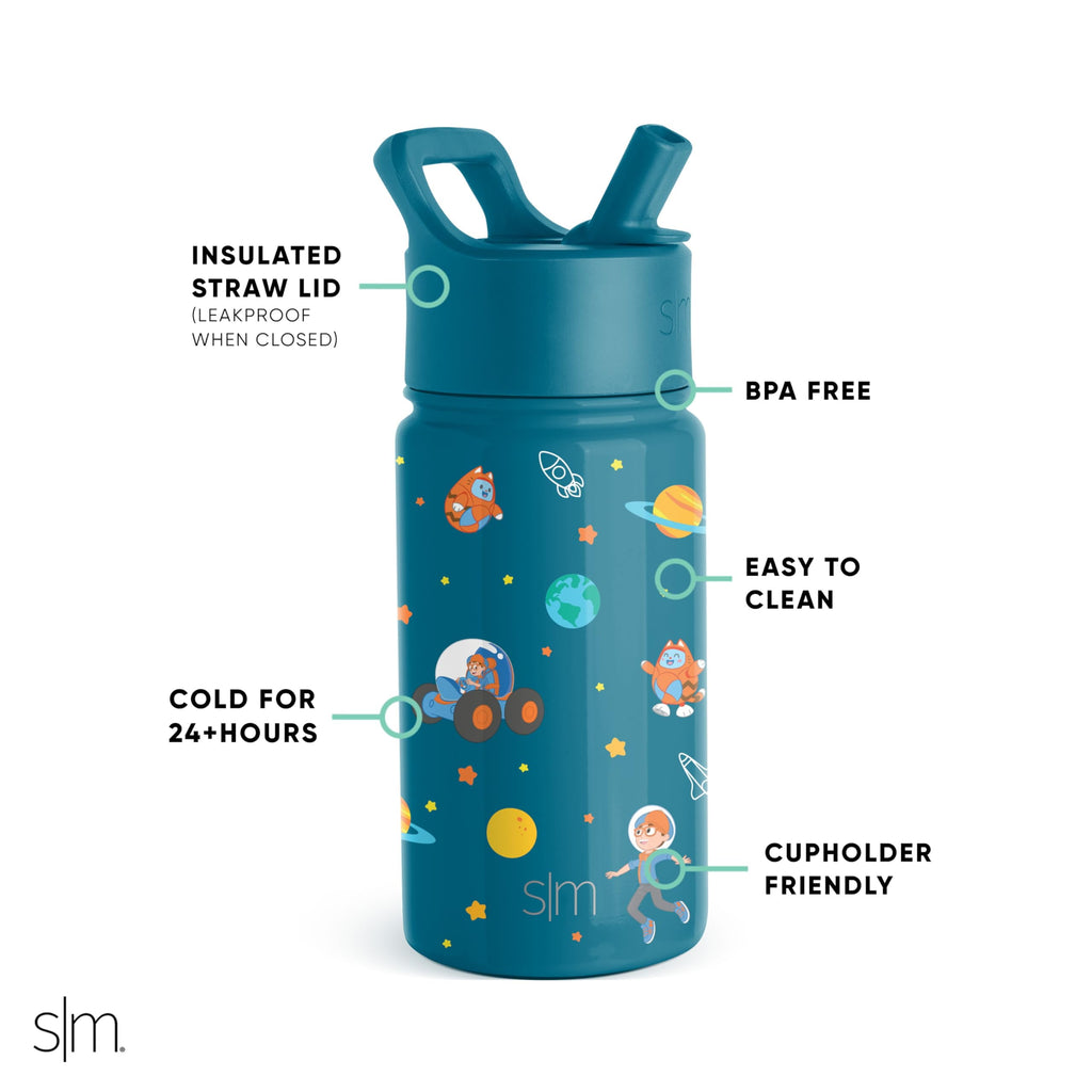 Simple Modern Blippi Kids Water Bottle with Straw Lid | Insulated Stainless Steel Reusable Tumbler for Toddlers, Girls | Summit Collection | 14oz, Blippi Space - O32G