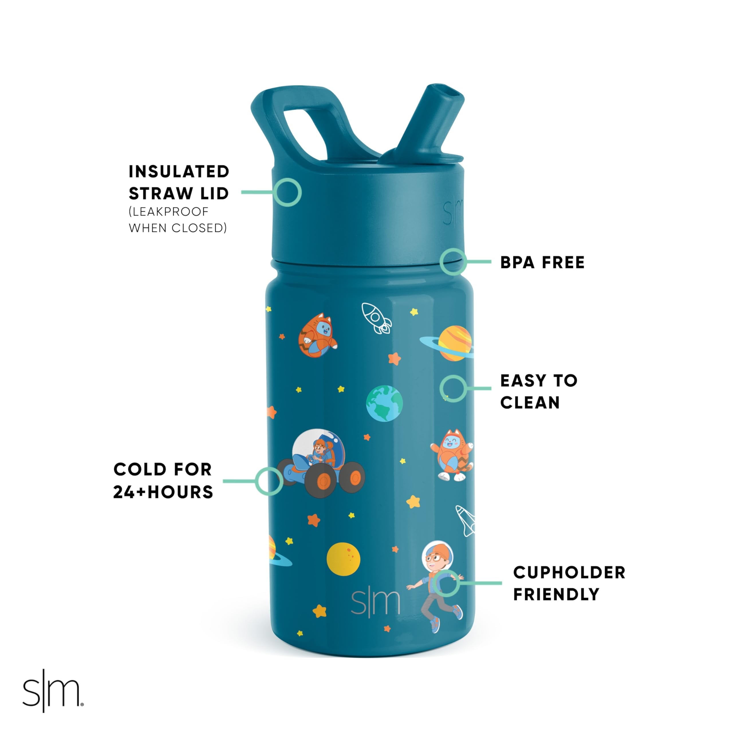 Simple Modern Blippi Kids Water Bottle with Straw Lid | Insulated Stainless Steel Reusable Tumbler for Toddlers, Girls | Summit Collection | 14oz, Blippi Space - O32G