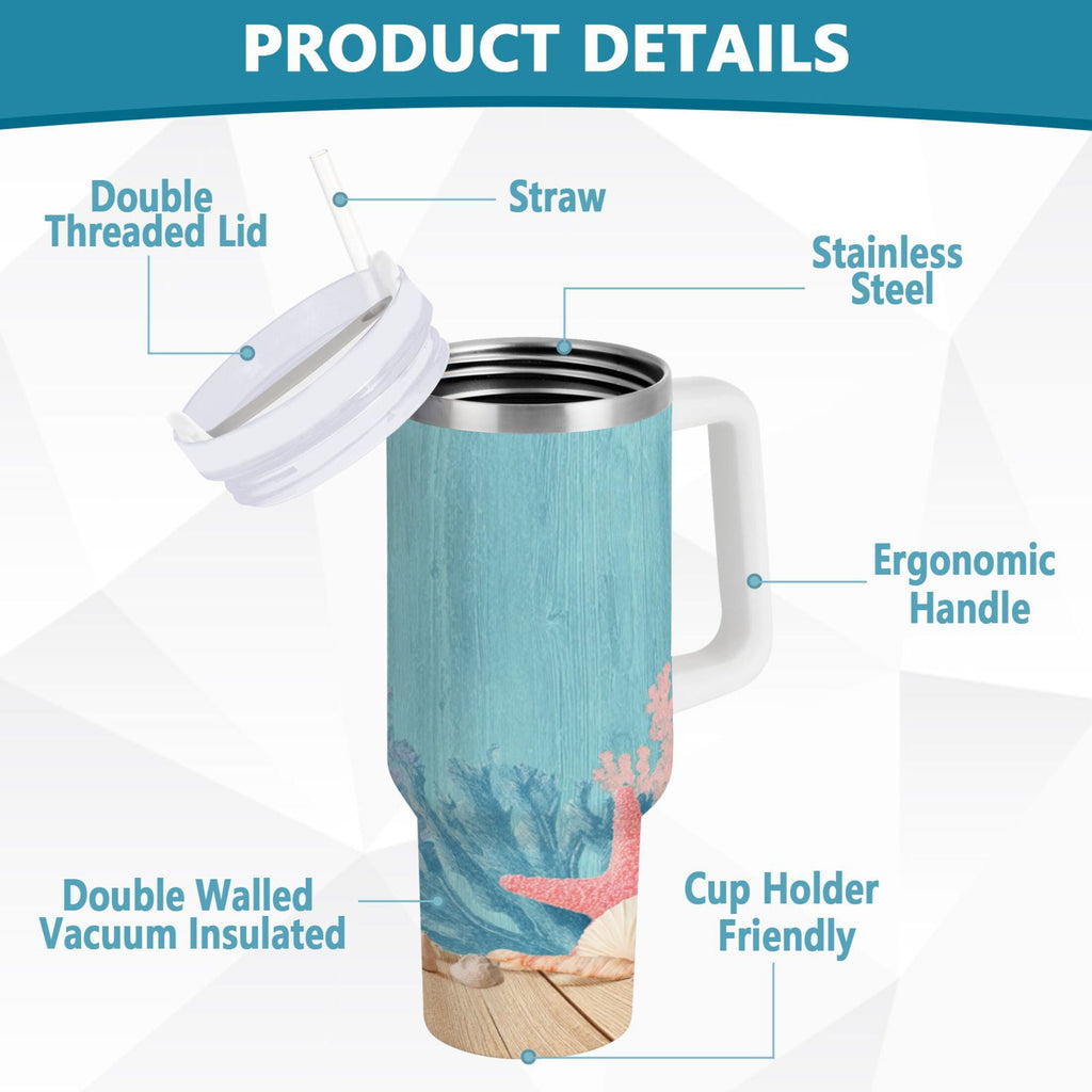 40 oz Insulated Stainless Steel Tumbler Double Wall Stainless Steel Tumbler with 2-Way Drinking Colorful Starfish and Seashells - VHFR