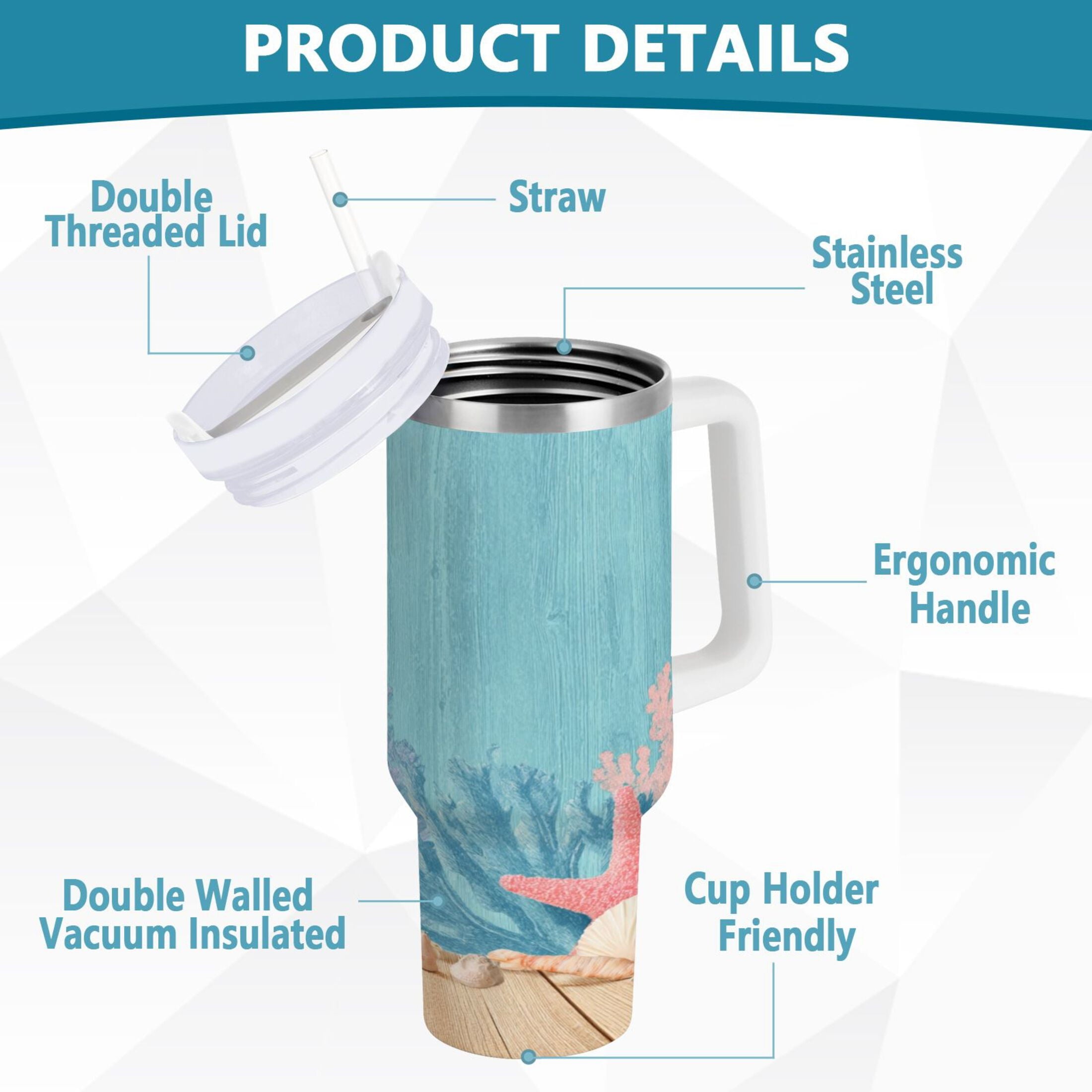 40 oz Insulated Stainless Steel Tumbler Double Wall Stainless Steel Tumbler with 2-Way Drinking Colorful Starfish and Seashells - VHFR